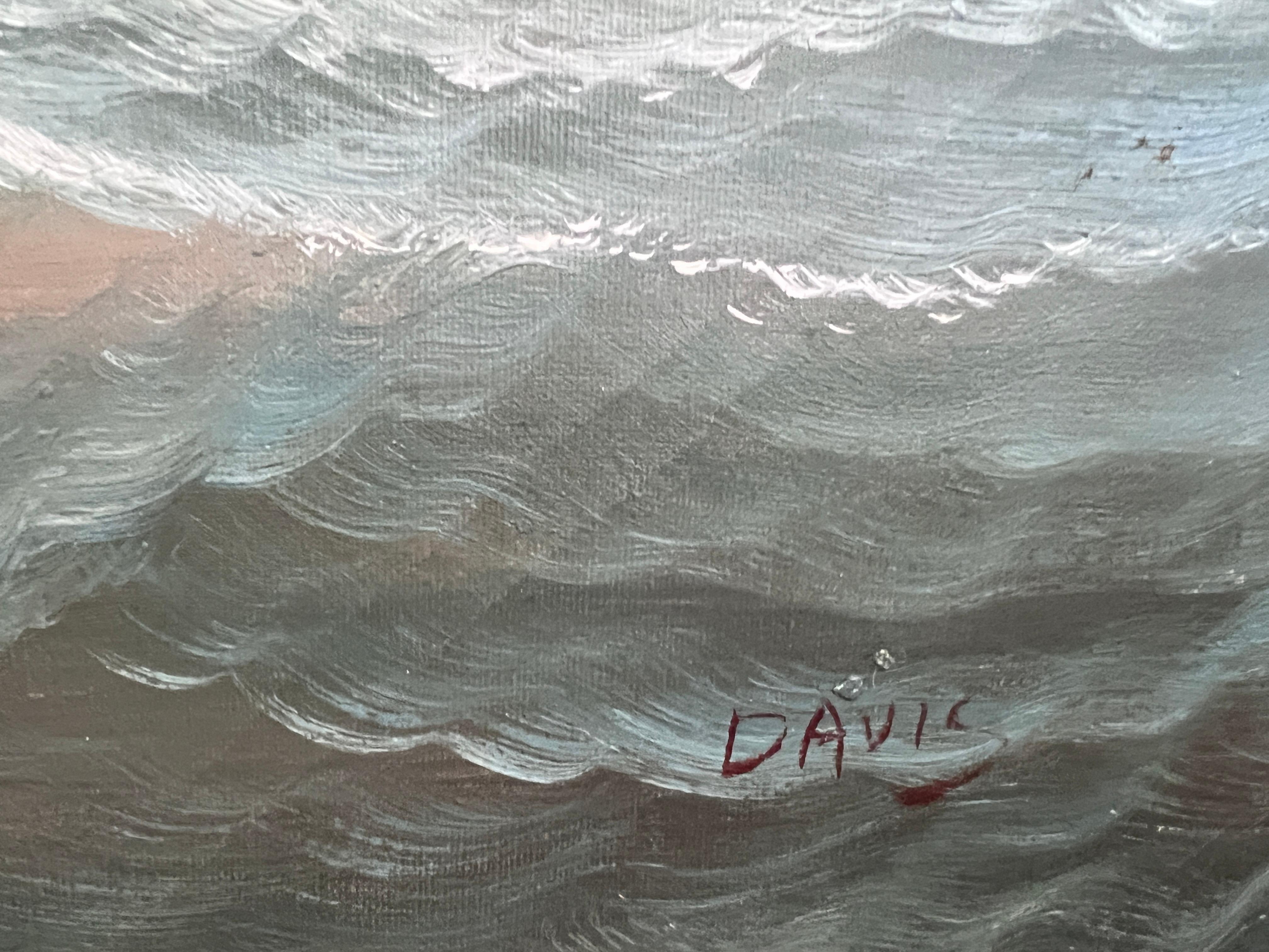 Original Ölgemälde auf Leinwand Seestück, Segelschiff, signiert Davis, Goldrahmen im Angebot 7