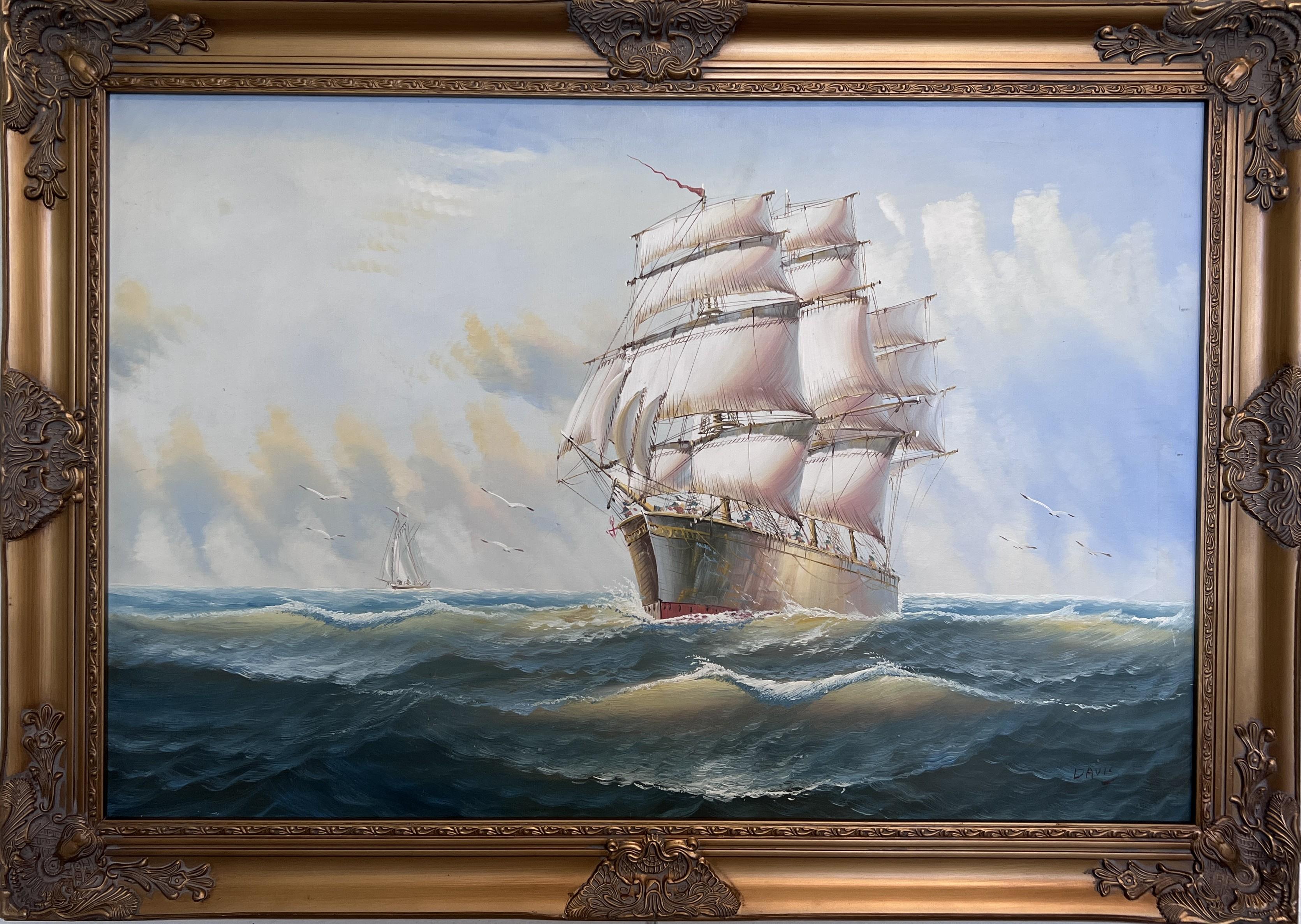 Original Ölgemälde auf Leinwand Seestück, Segelschiff, signiert Davis, Goldrahmen