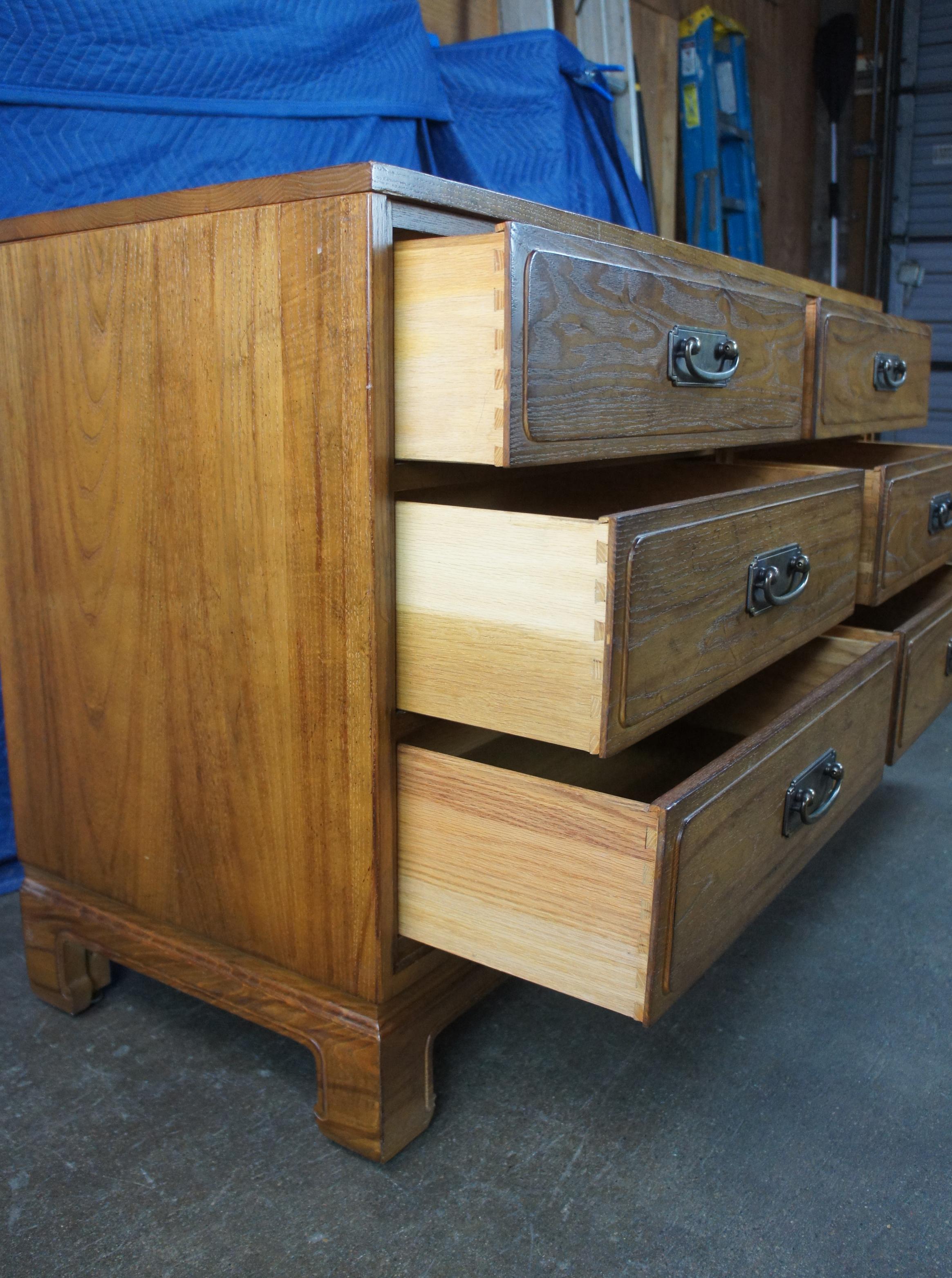 20th Century Davis Cabinet Co Teakwood Chinoiserie Mirrored Double Dresser Chest of Drawers