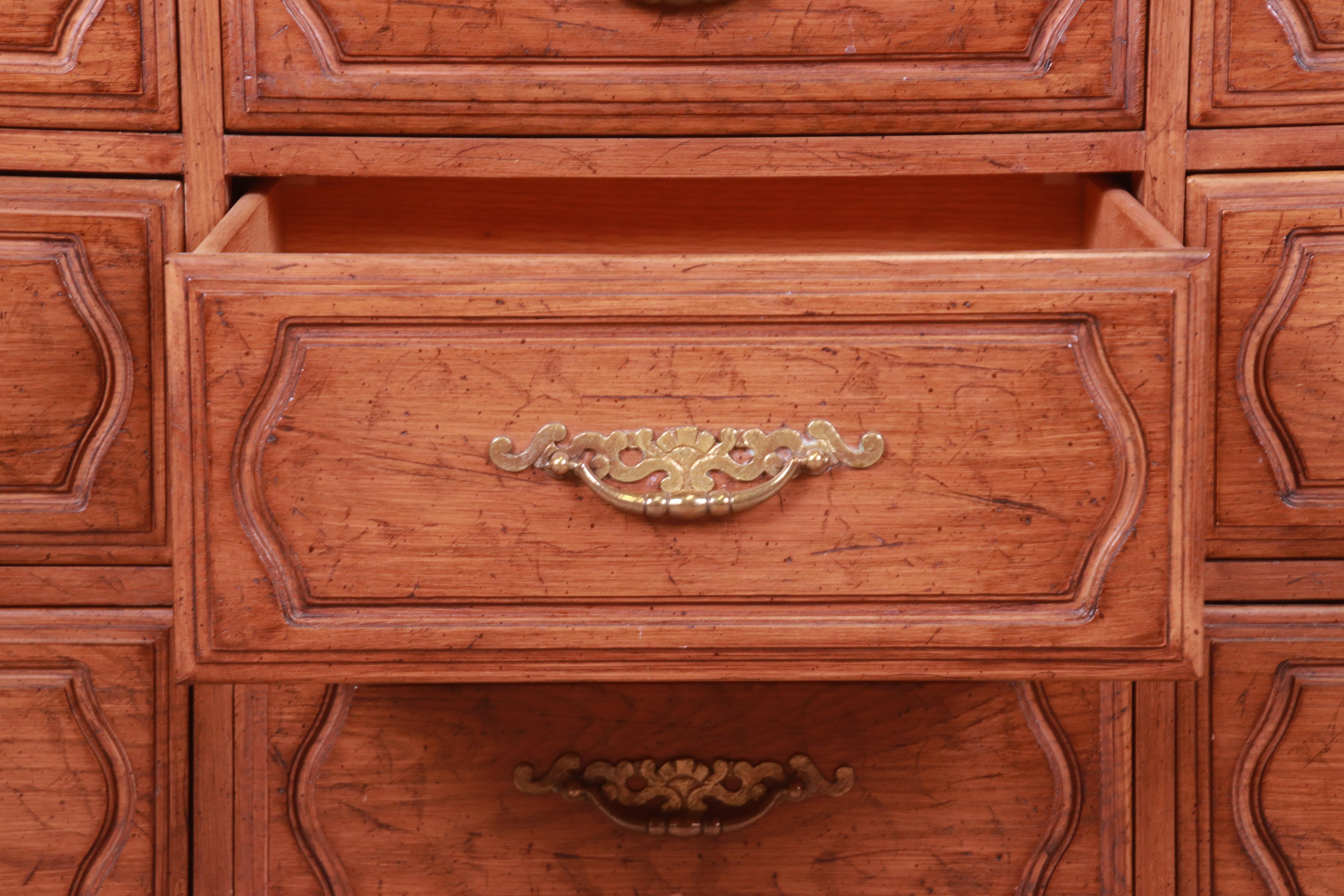 Brass Davis Cabinet Company French Provincial Louis XV Triple Dresser or Credenza For Sale