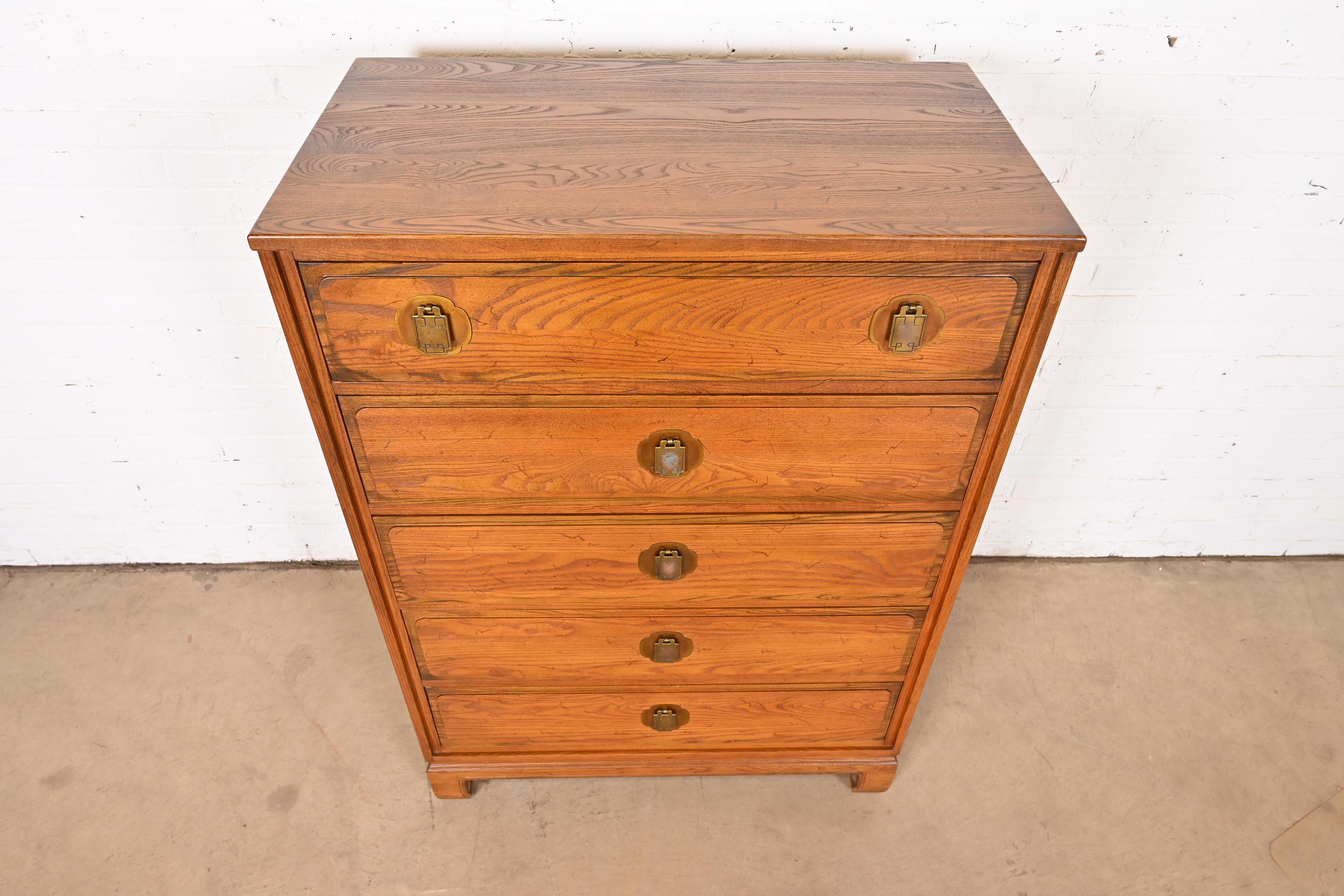 Brass Davis Cabinet Company Mid-Century Hollywood Regency Chinoiserie Oak Highboy For Sale