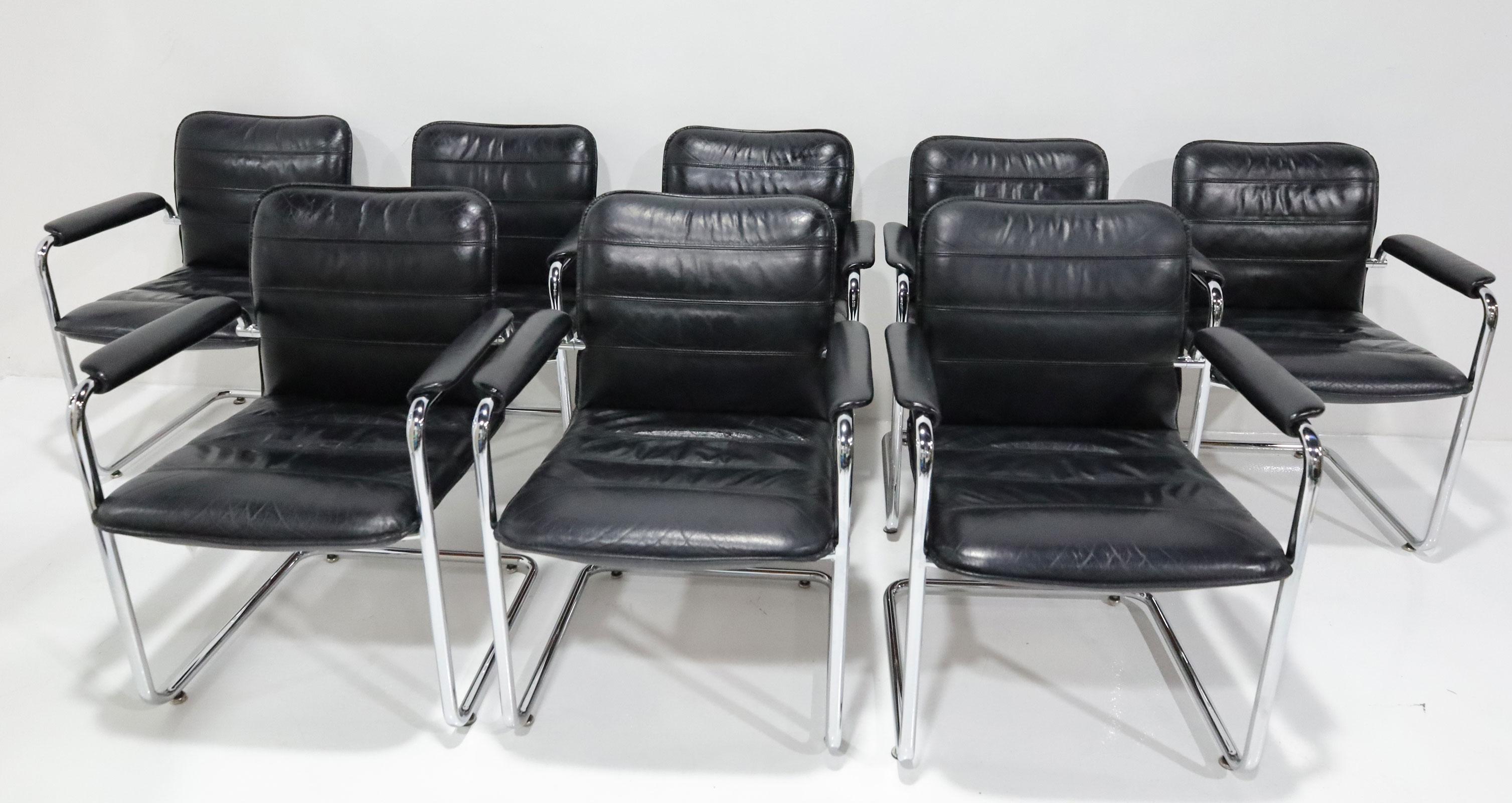 Reminiscent of Marcel Breuer's Cesca chair for Knoll, this black leather cantilevered dining chair by Davis Furniture is incredibly comfortable. The simple design works well in any environment, and you will enjoy sitting in the chair for hours. In