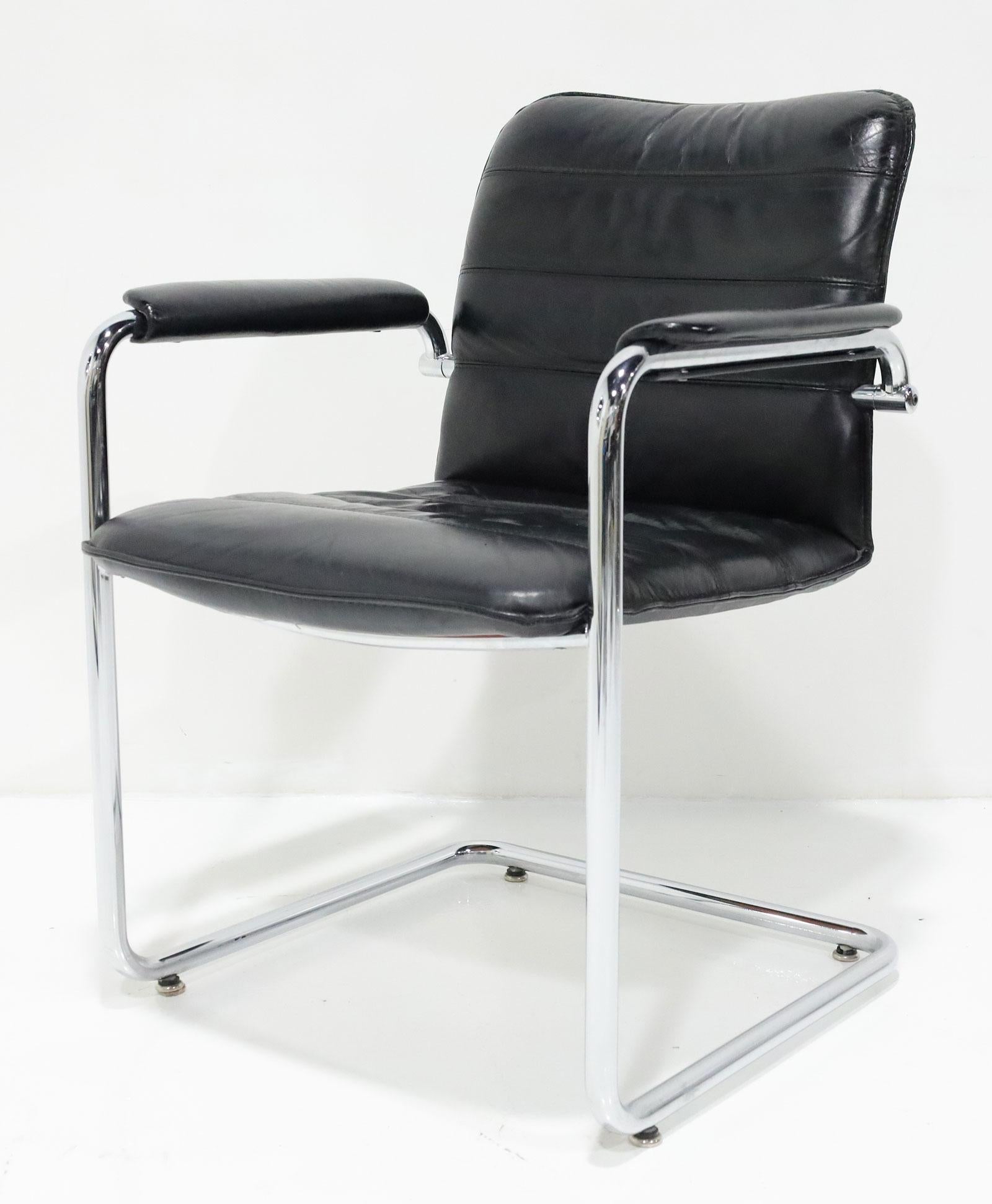 American Davis Furniture Black Leather and Chrome Dining Chairs For Sale