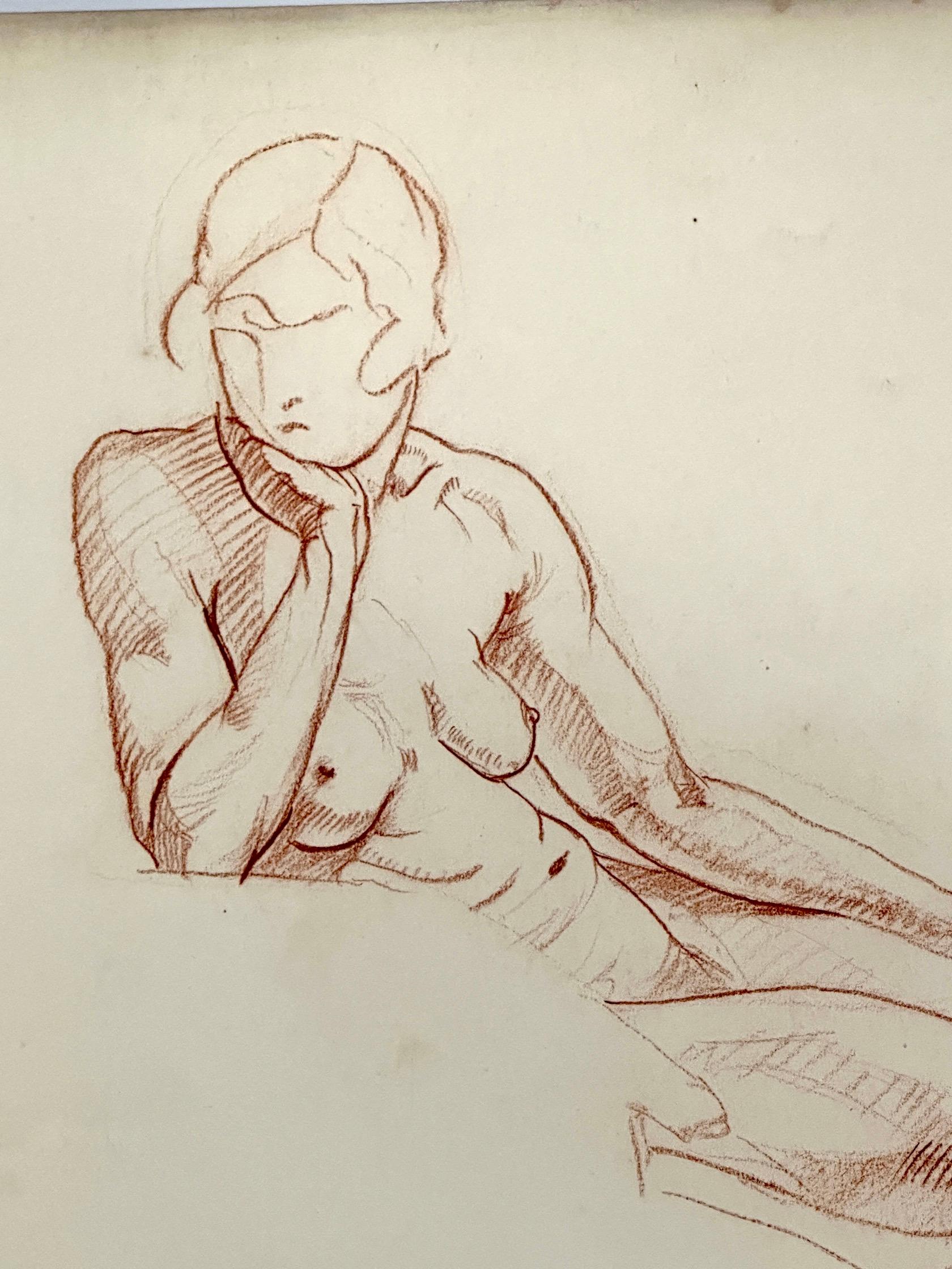 Early 20th century Red Chalk drawing of Art Deco nude women with Bob hair style - Painting by Davis Kemp 