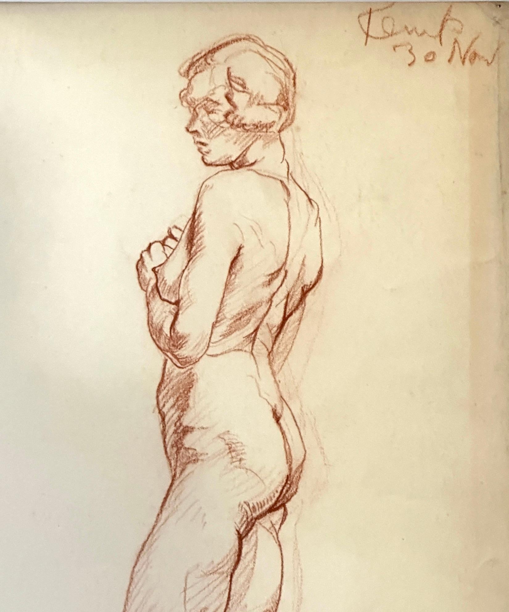 Early 20th century Red Chalk drawing of Art Deco nude women with Bob hair style - Beige Nude Painting by Davis Kemp 