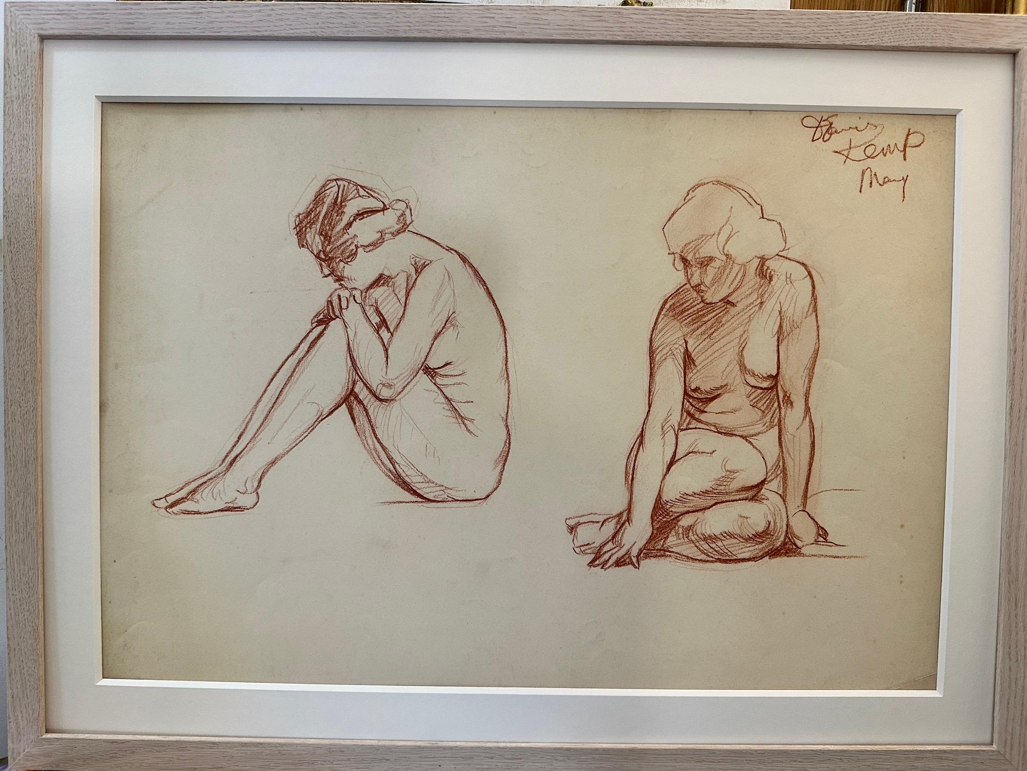 Davis Kemp  Figurative Painting - Early 20th century Red Chalk drawing of Art Deco nude women with Bob hair style