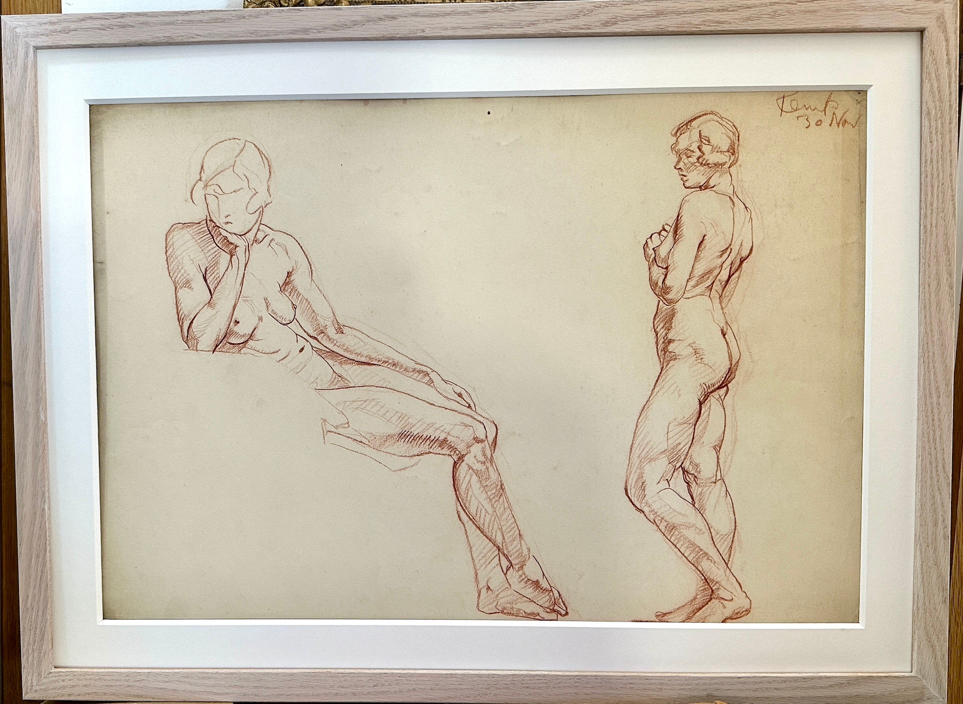 Early 20th century Red Chalk drawing of Art Deco nude women with Bob hair style