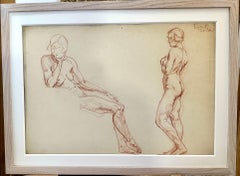 Antique Early 20th century Red Chalk drawing of Art Deco nude women with Bob hair style
