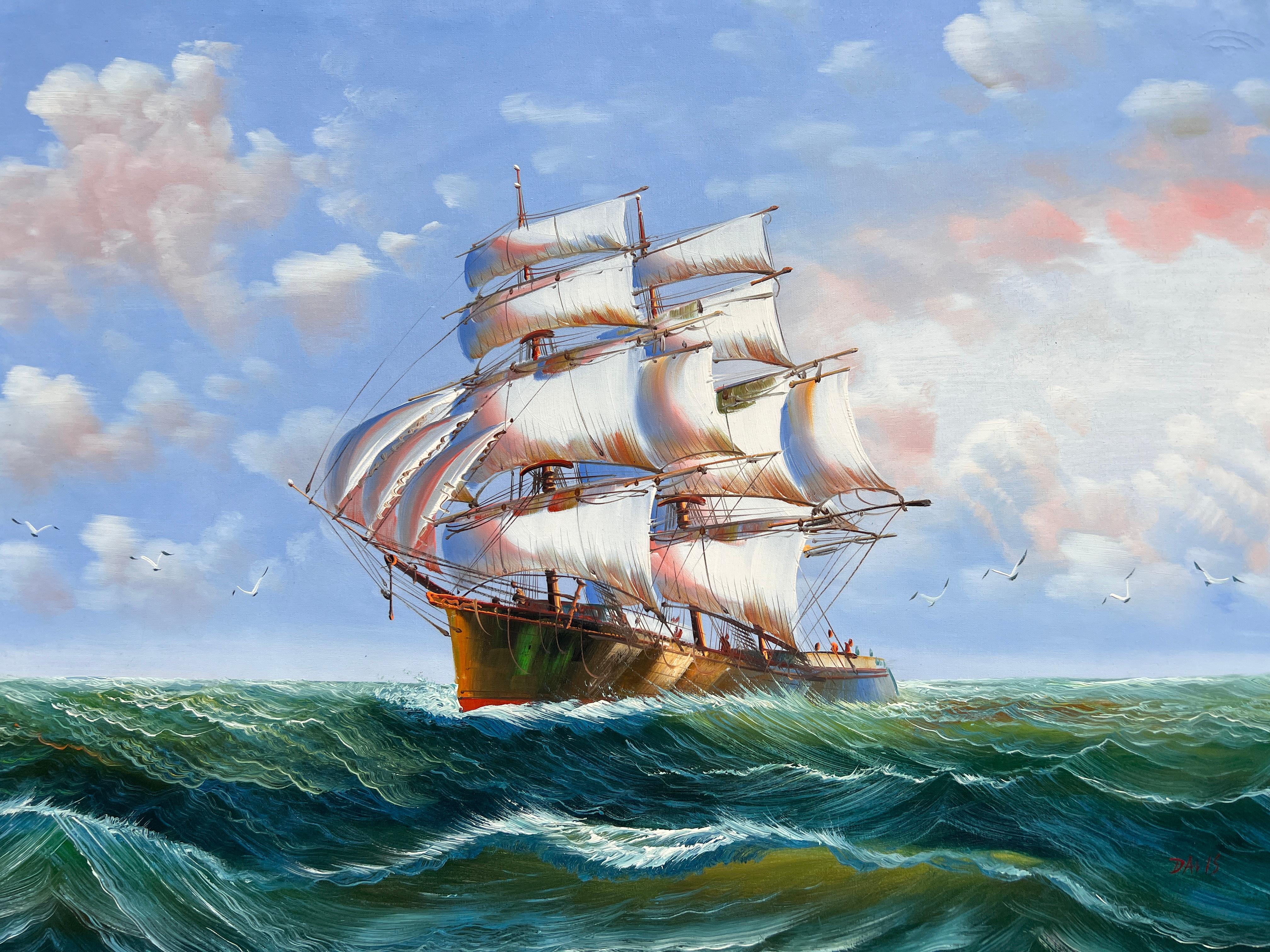 Großes Ölgemälde auf Leinwand, Meereslandschaft, Segelschiff im Meer, Davis Davis, gerahmt im Angebot 1