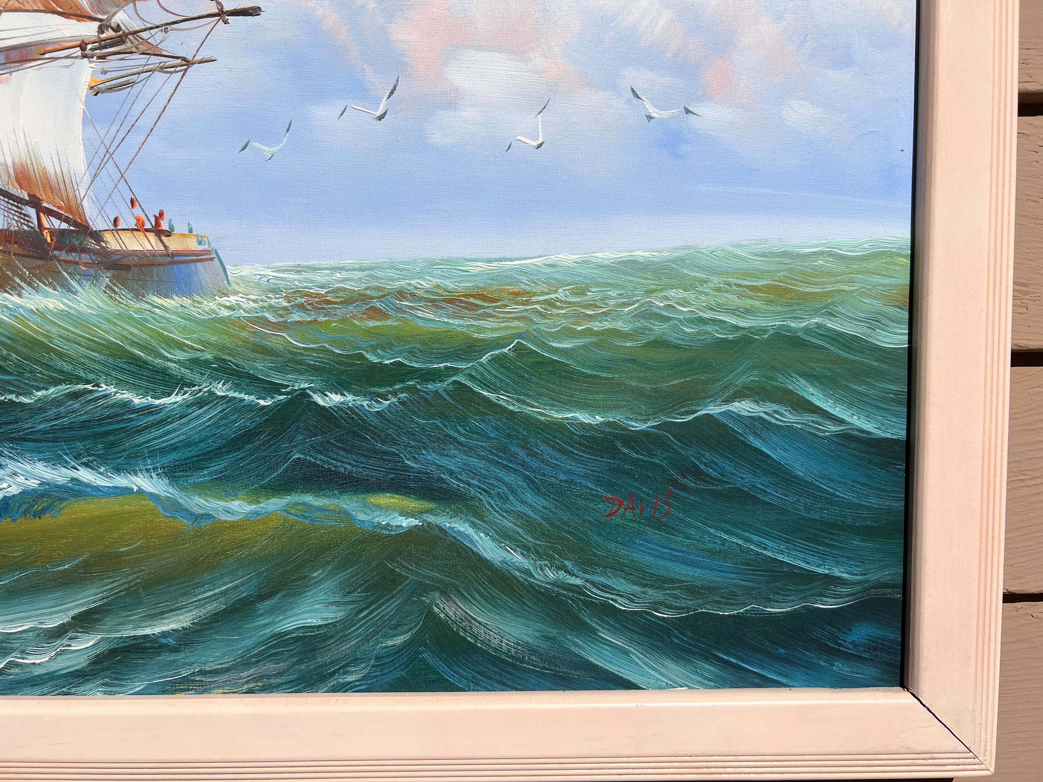 Großes Ölgemälde auf Leinwand, Meereslandschaft, Segelschiff im Meer, Davis Davis, gerahmt im Angebot 5