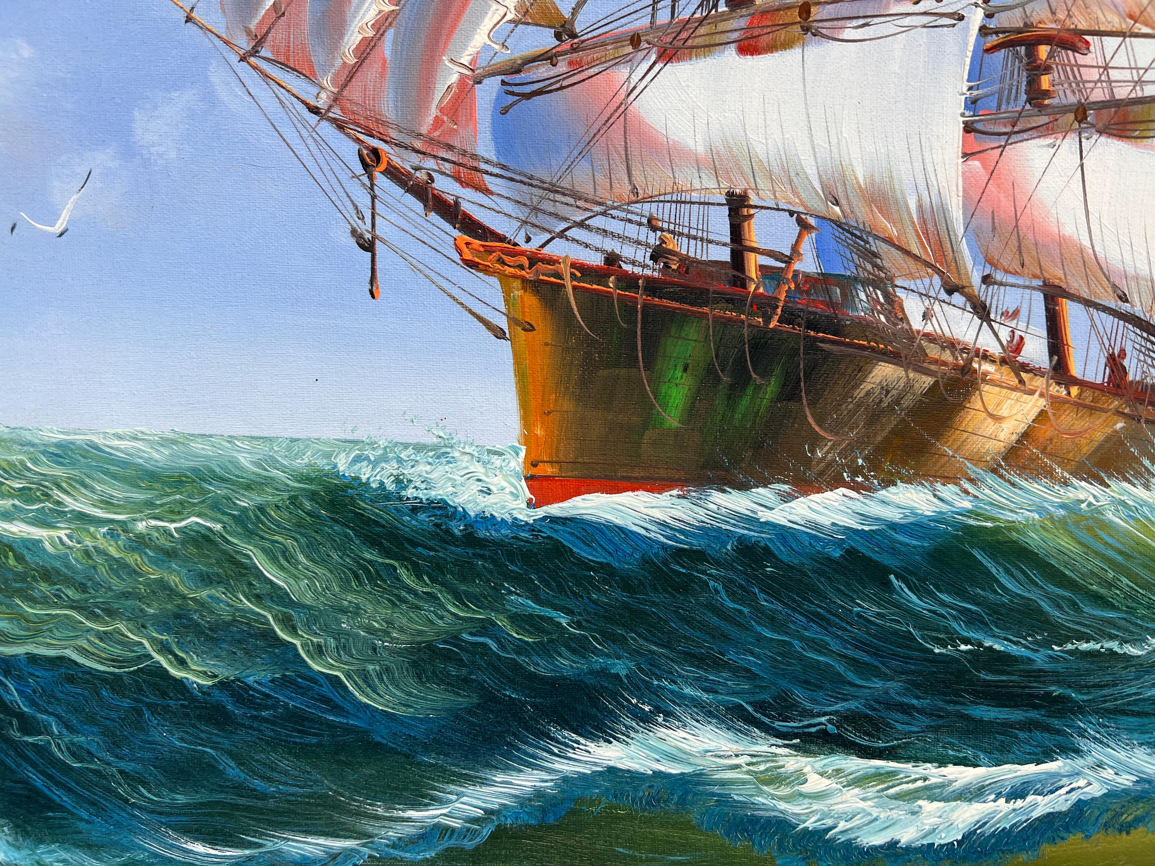 Großes Ölgemälde auf Leinwand, Meereslandschaft, Segelschiff im Meer, Davis Davis, gerahmt im Angebot 8