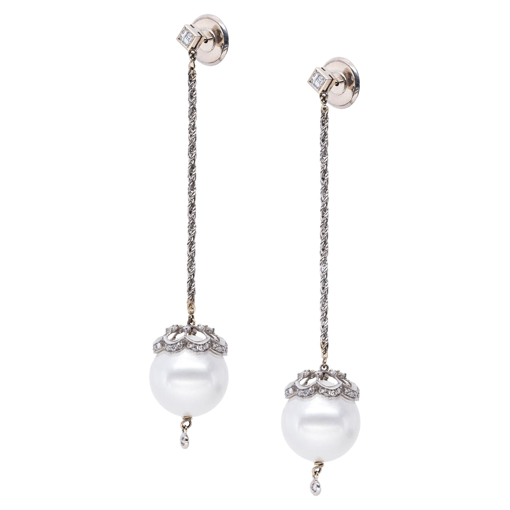 Gilbert Albert Gold and Pearl Long Earrings For Sale at 1stDibs