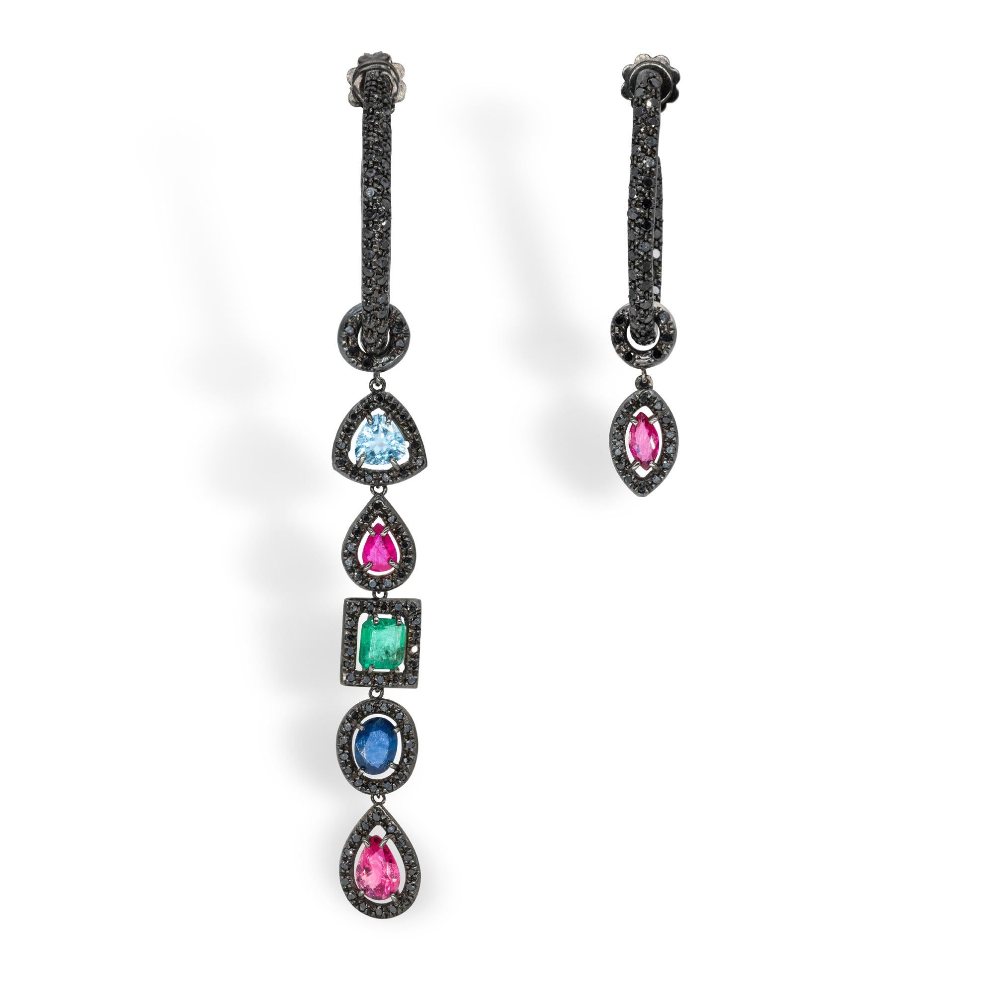 d'Avossa  Hoop Earrings in 18 kt gold with a pavé of black diamonds, and Asimmetric Pendants made with Precious Stones in different cuts, framed with little Black Diamonds
The Pendants have been designed to be worn also as a Pair of