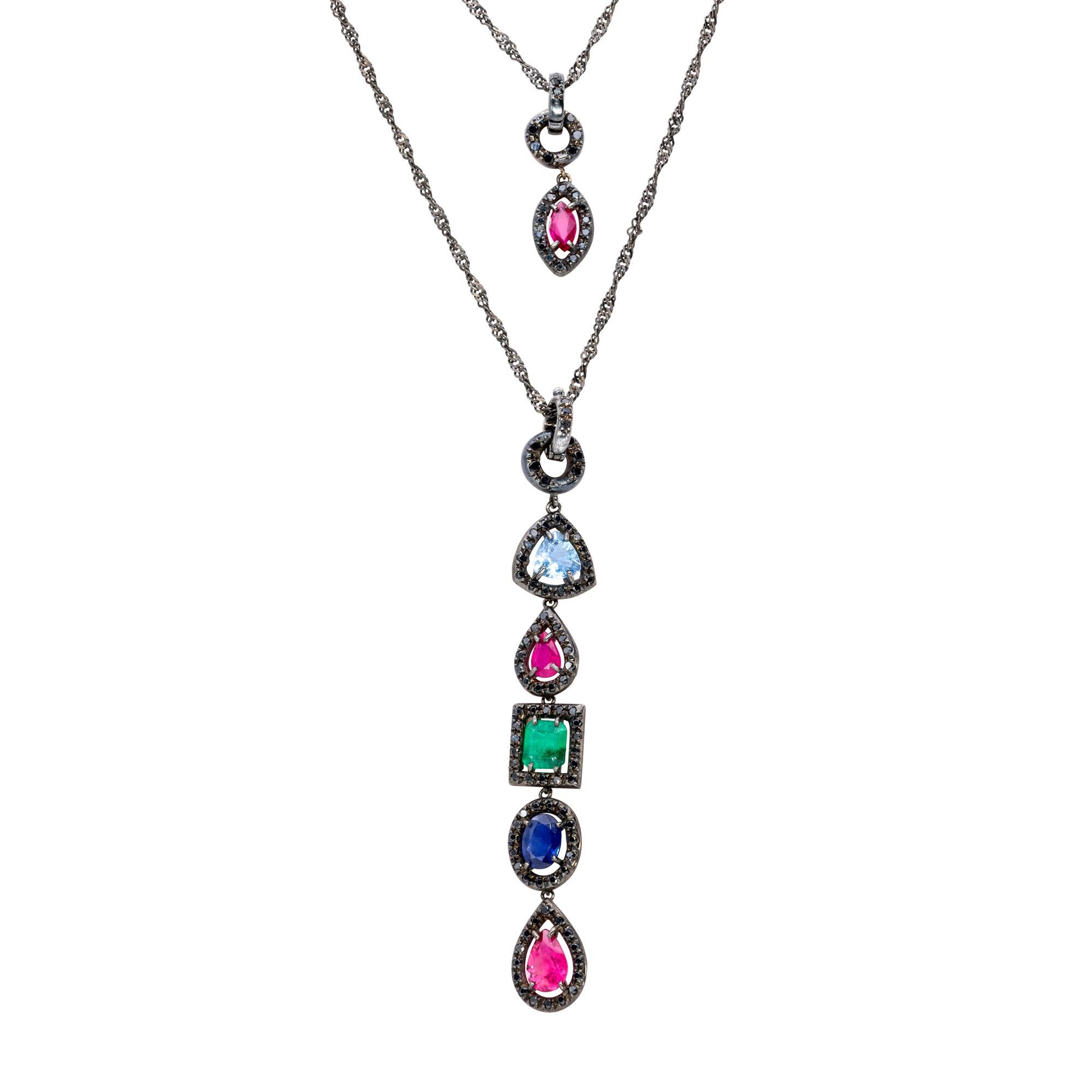 d'Avossa Hoop Earrings with Precious Stones Pendants and Black Diamonds For Sale 4