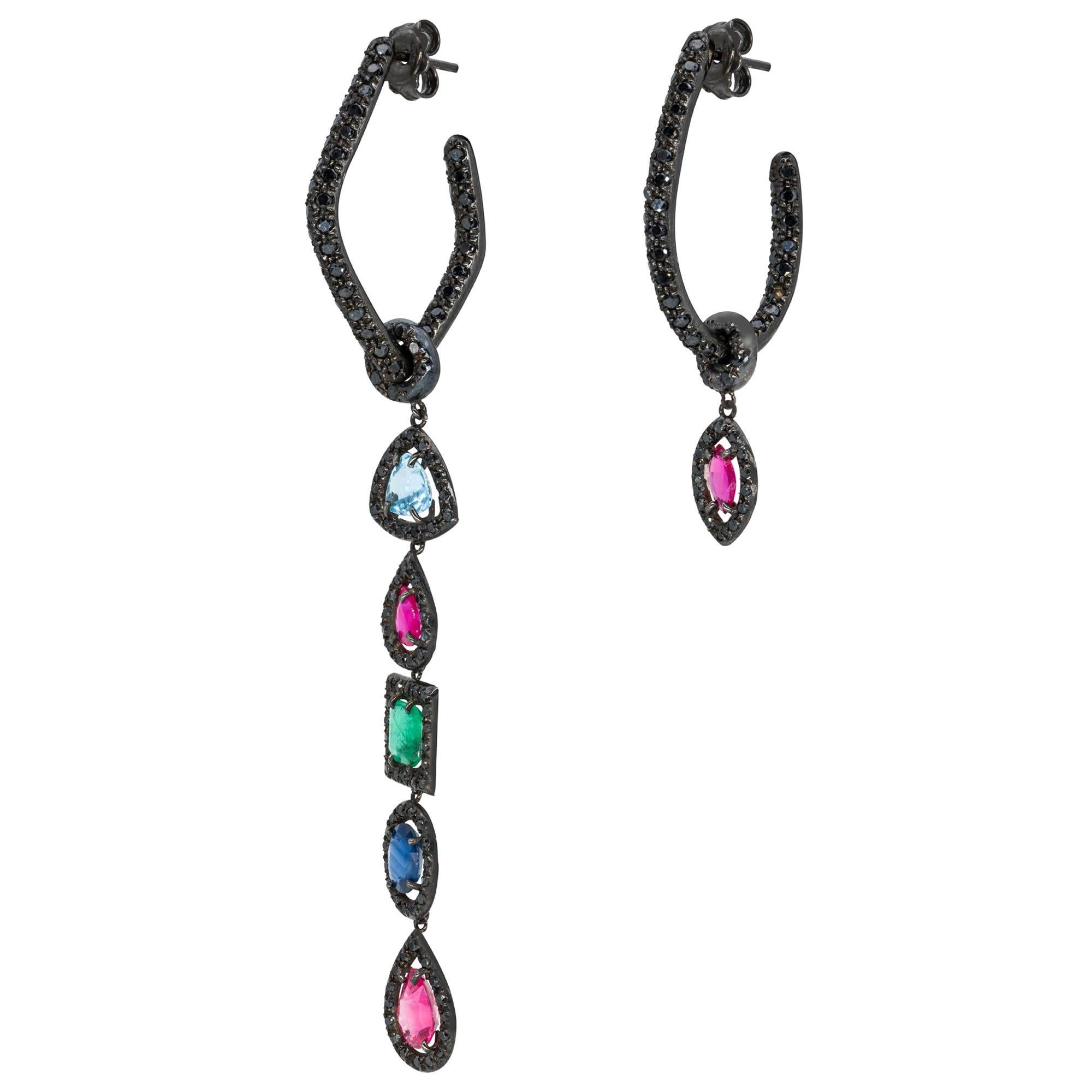 d'Avossa Hoop Earrings with Precious Stones Pendants and Black Diamonds For Sale