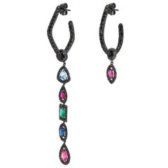 d'Avossa Hoop Earrings with Precious Stones Pendants and Black Diamonds