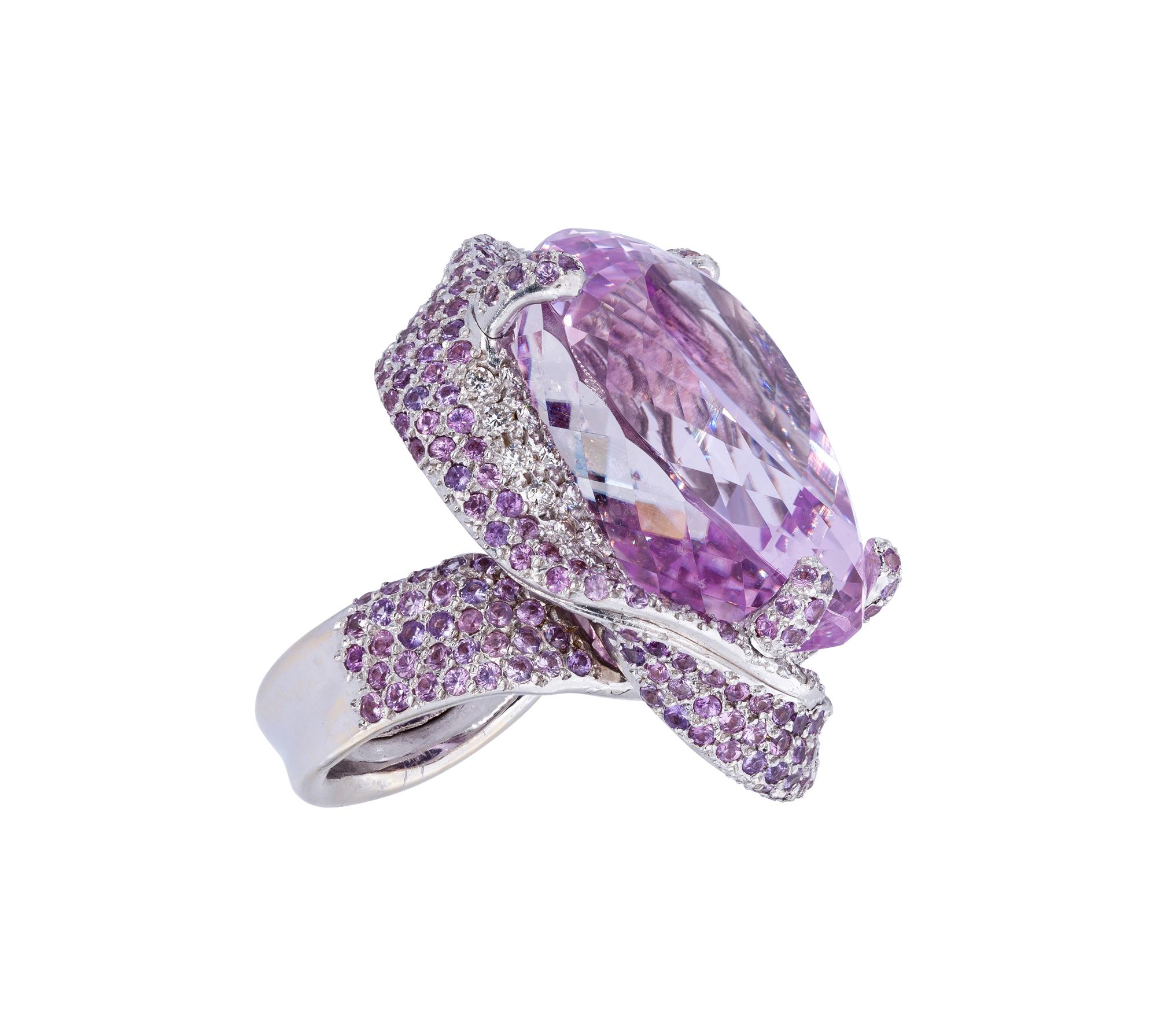 Pear Cut d'Avossa Ring from Masterpiece Collection with Central Kunzite and Diamonds For Sale
