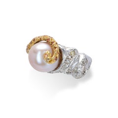 Freshwater Pearl, Sapphires and ice diamonds Ring from d'Avossa Collection