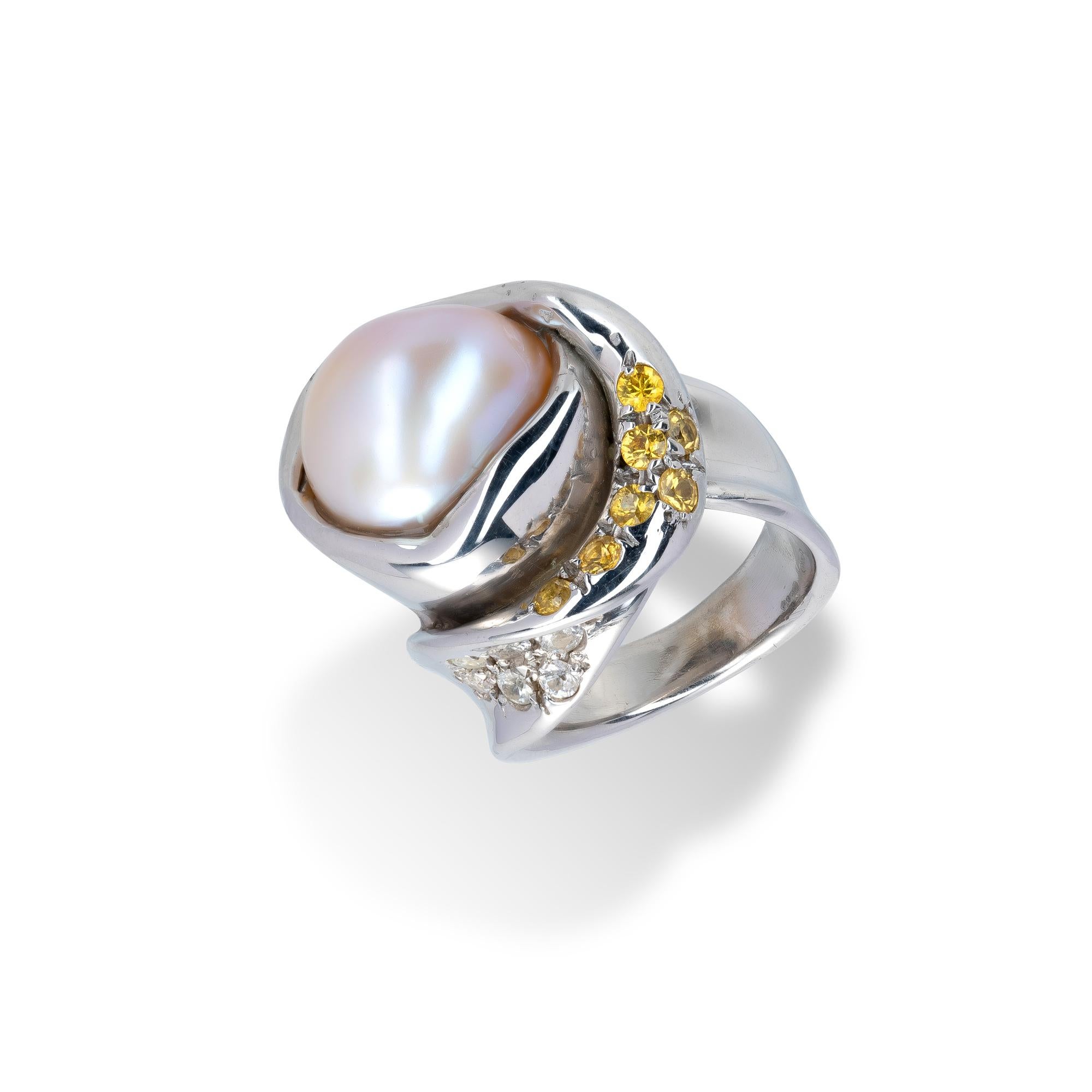 Brilliant Cut Freshwater Pearl and  Yellow Sapphires Ring from d'Avossa Collection  For Sale