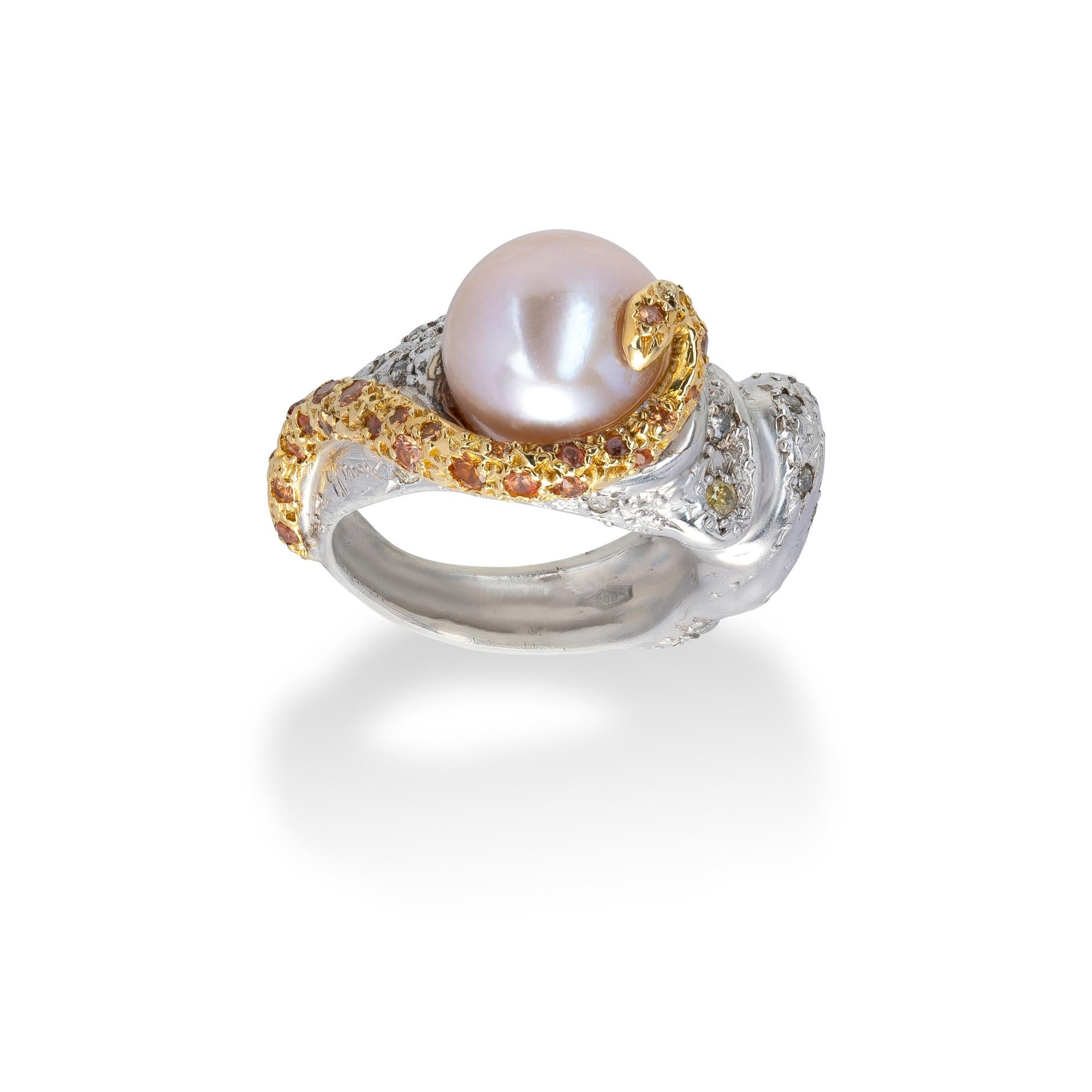 Brilliant Cut Freshwater Pearl, Sapphires and ice diamonds Ring from d'Avossa Collection   For Sale