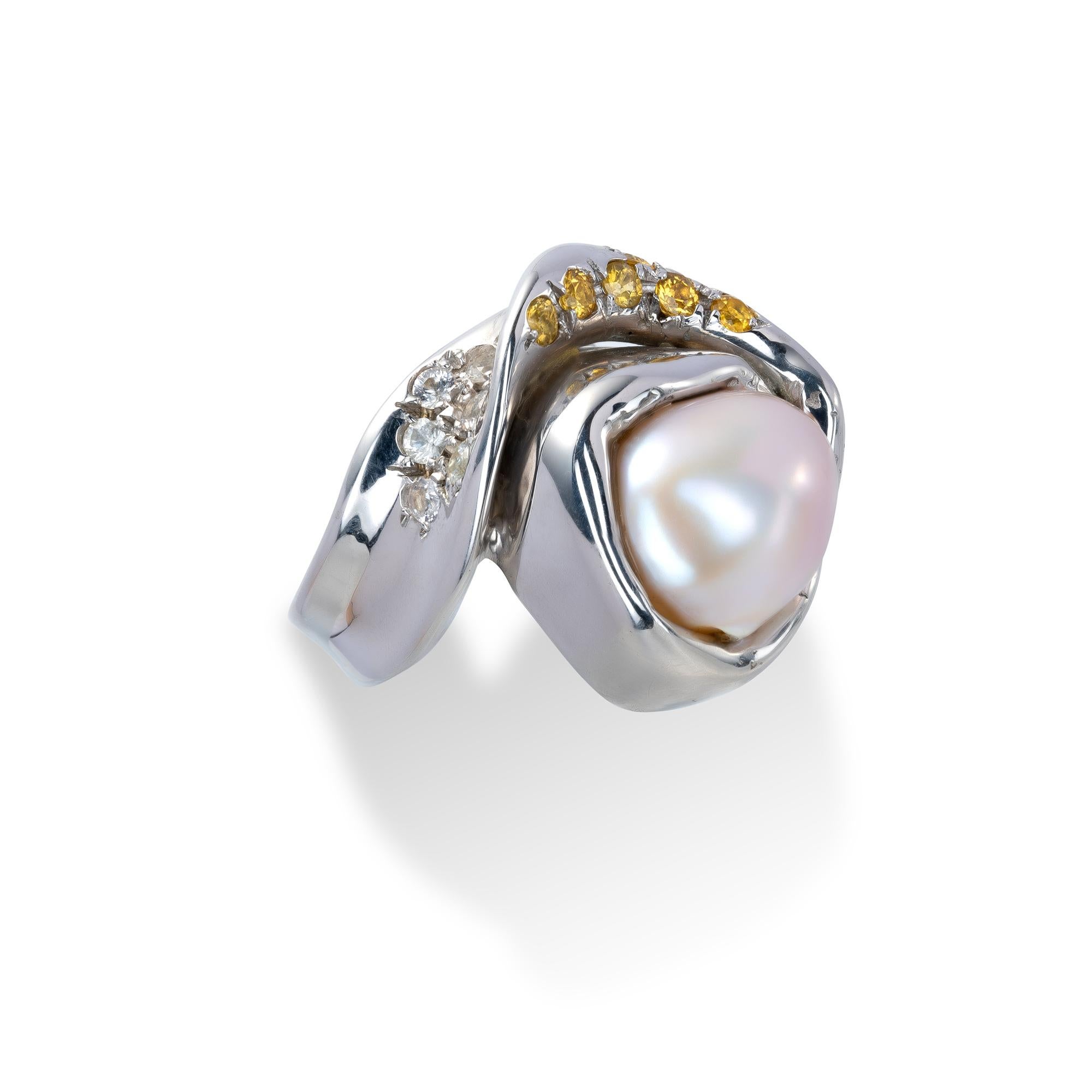 Women's Freshwater Pearl and  Yellow Sapphires Ring from d'Avossa Collection  For Sale