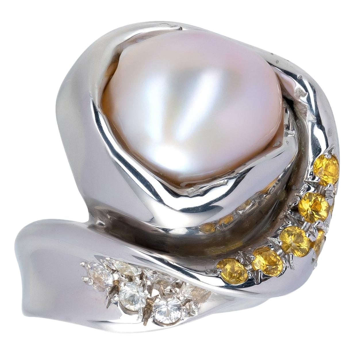 Freshwater Pearl and  Yellow Sapphires Ring from d'Avossa Collection  For Sale