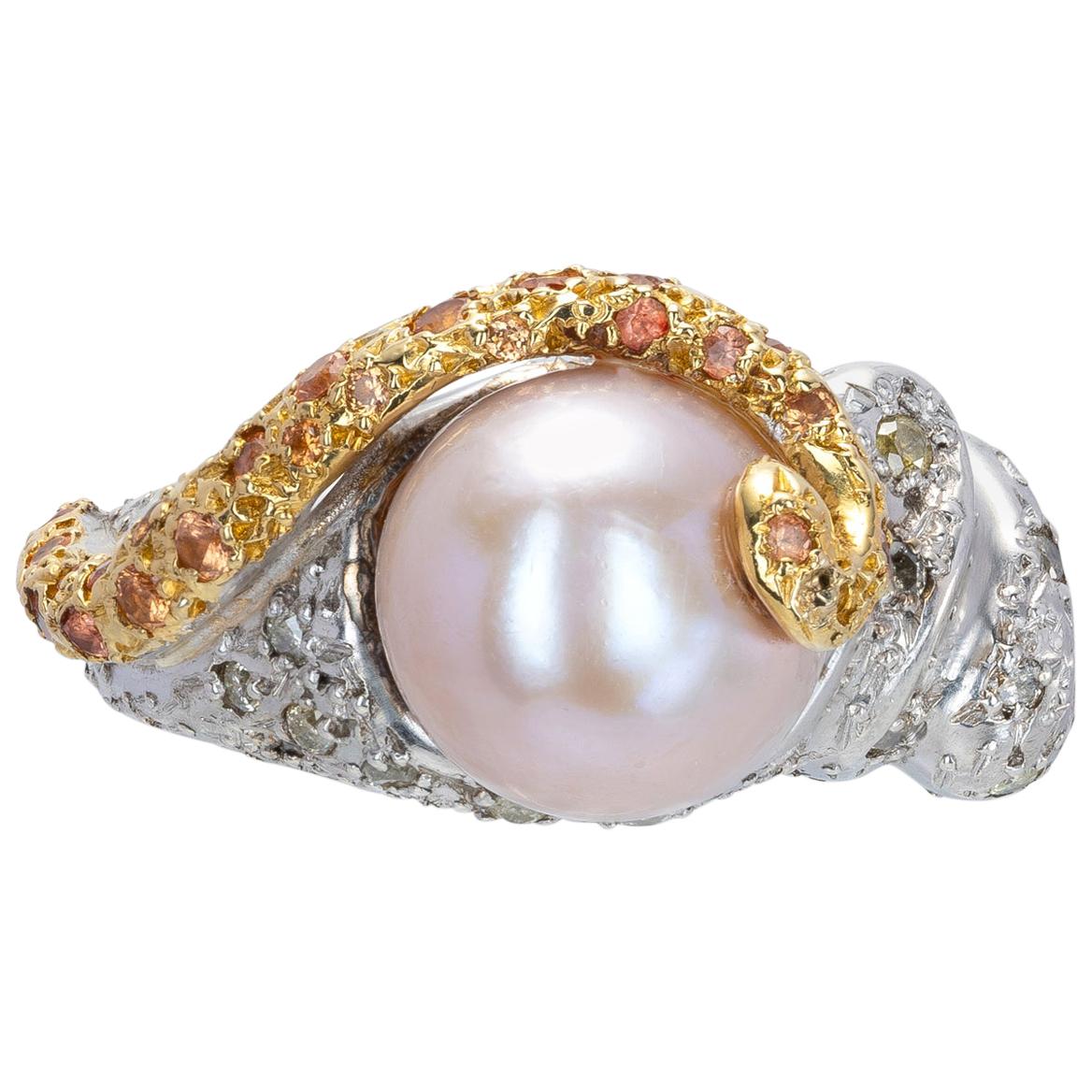 Freshwater Pearl, Sapphires and ice diamonds Ring from d'Avossa Collection   For Sale