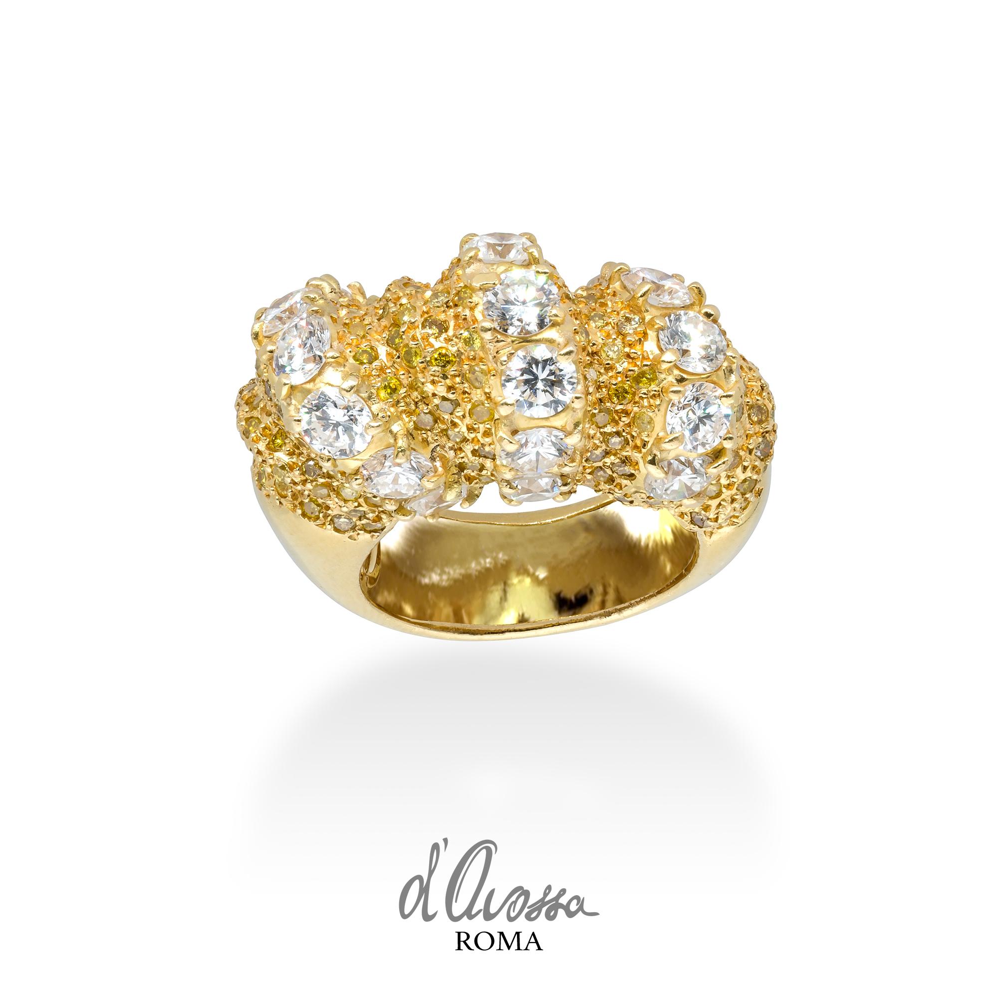 A d'Avossa Unique Ring made in yellow gold with a  fancy yellow diamonds pavé of 1.90 cts and three rows of white diamonds, G color, VVS1, cts  3.61
Unique, hand made Piece
Ref. ABT279