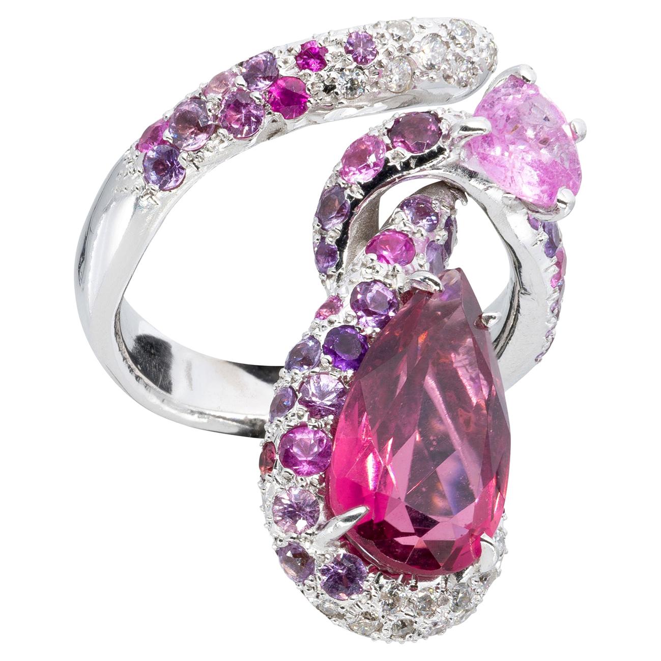 d'Avossa Ring in White Gold with Pink Tourmaline, Pink Sapphires and Diamonds For Sale