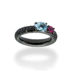 d'Avossa Ring with Aquamarine and Pink Sapphire on Black Diamonds Pavé