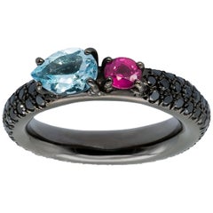 d'Avossa Ring with Aquamarine and Pink Sapphire on Black Diamonds Pavé