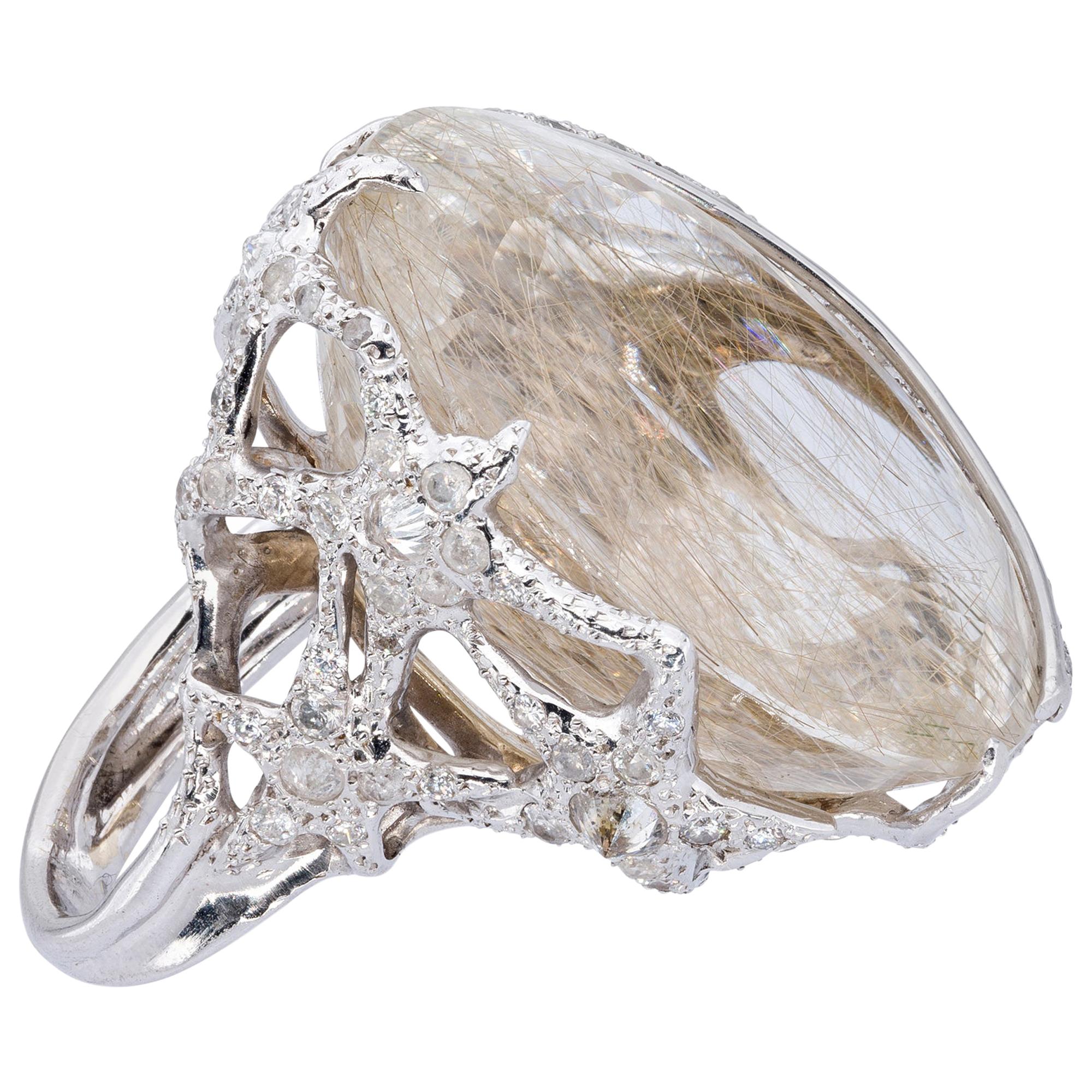 d'Avossa Ring with central Rutilated Quartz and Diamonds For Sale