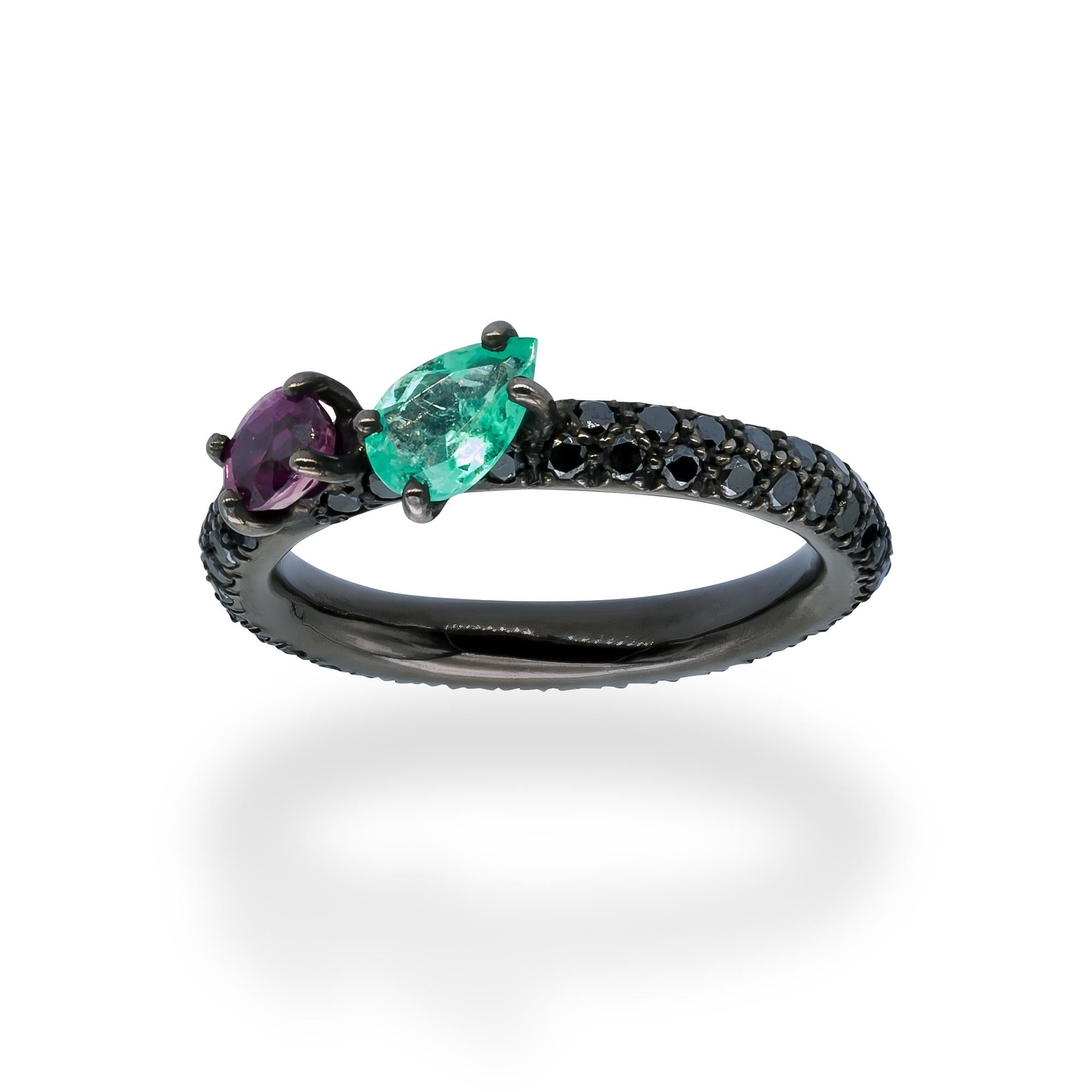 Mixed Cut d'Avossa Ring with Emerald and Purple Sapphire on Black Diamonds Pavé