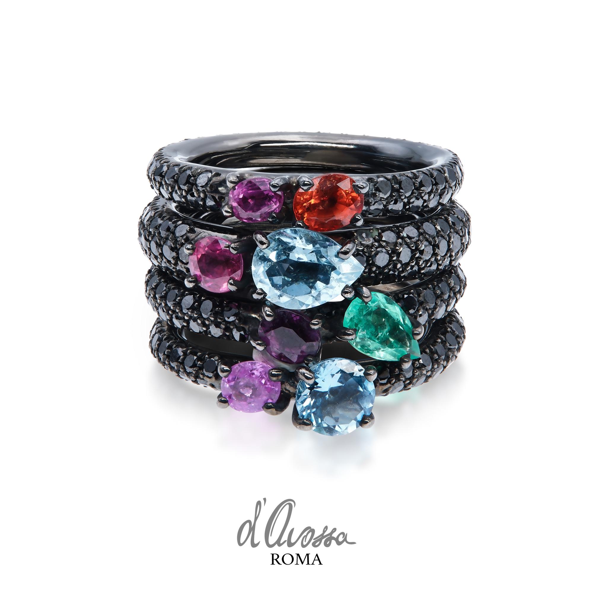 d'Avossa Ring with Emerald and Purple Sapphire on Black Diamonds Pavé 3
