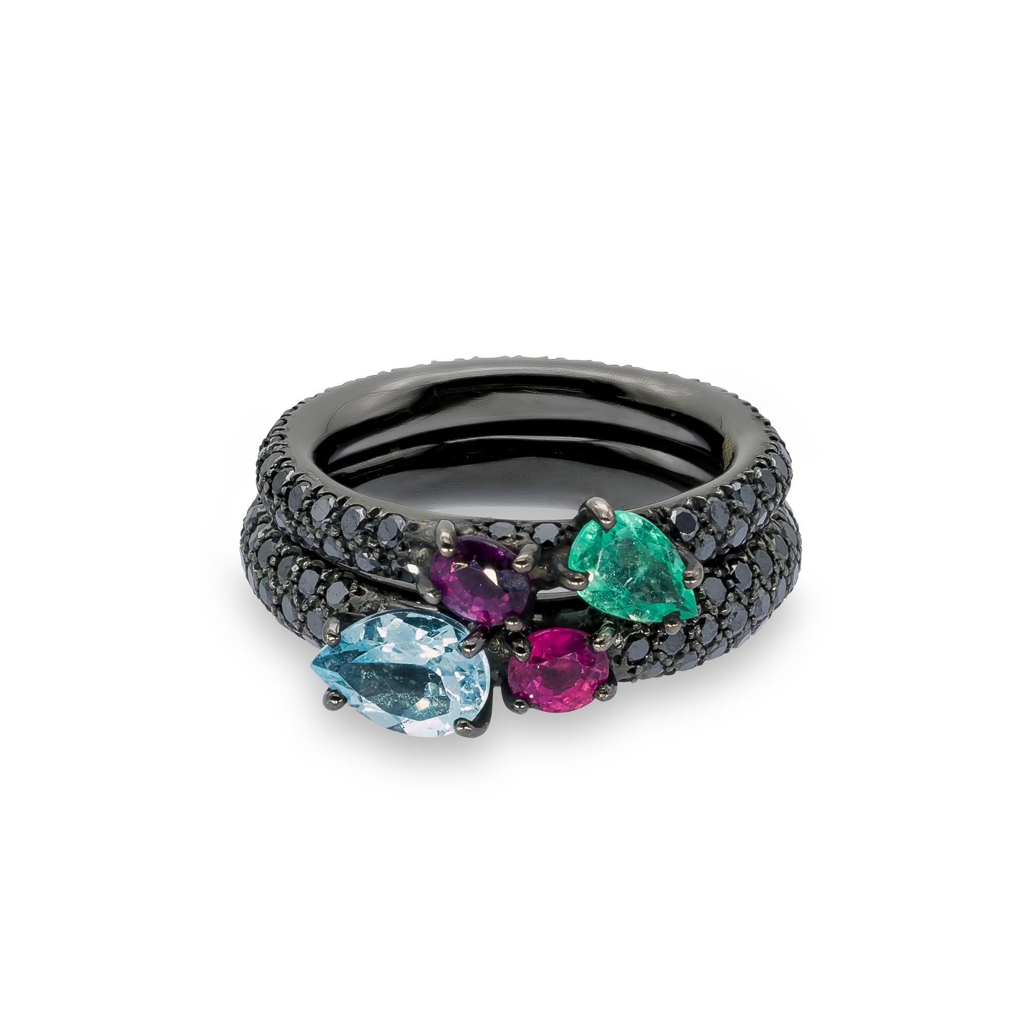 d'Avossa Ring with Emerald and Purple Sapphire on Black Diamonds Pavé 4