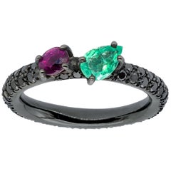 d'Avossa Ring with Emerald and Purple Sapphire on Black Diamonds Pavé