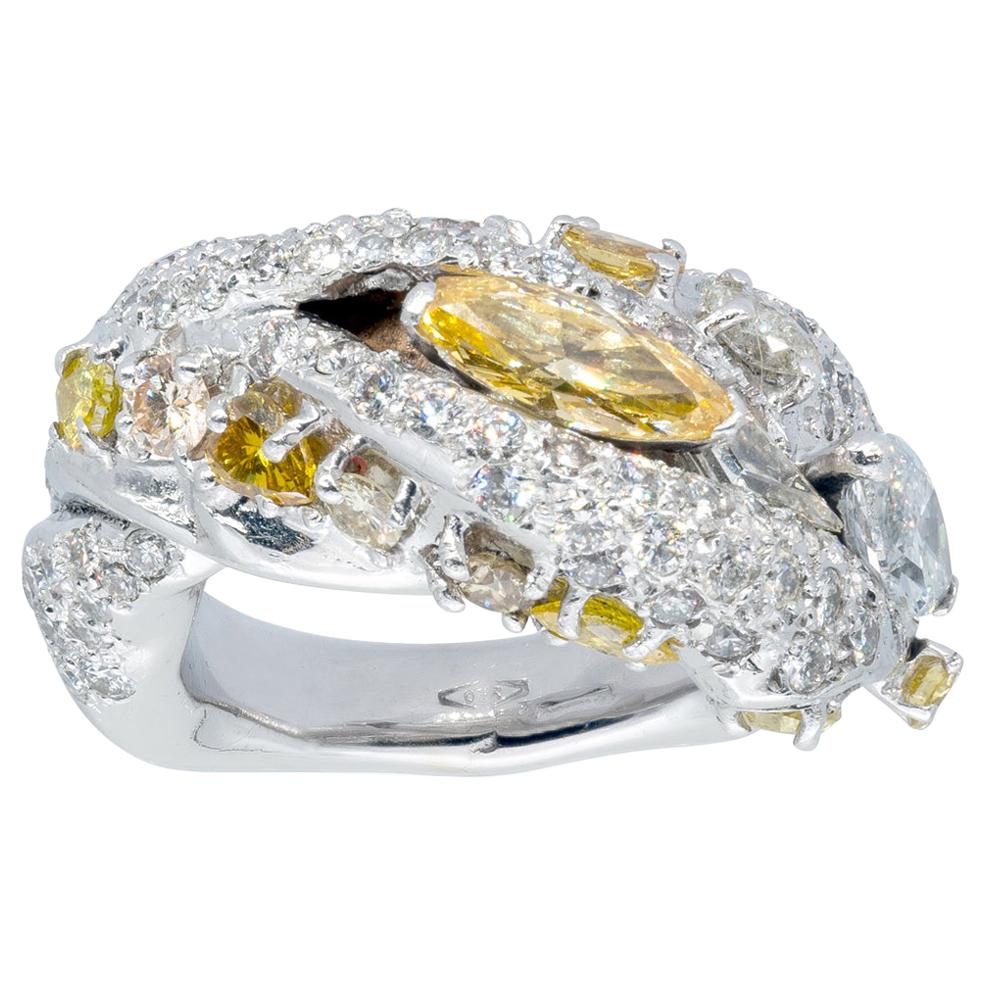 d'Avossa Ring with White and Fancy Yellow Marquise Cut Diamonds For Sale