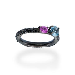 d'Avossa RingBlue Topaz and Purple Sapphire on Black Diamonds Pavé