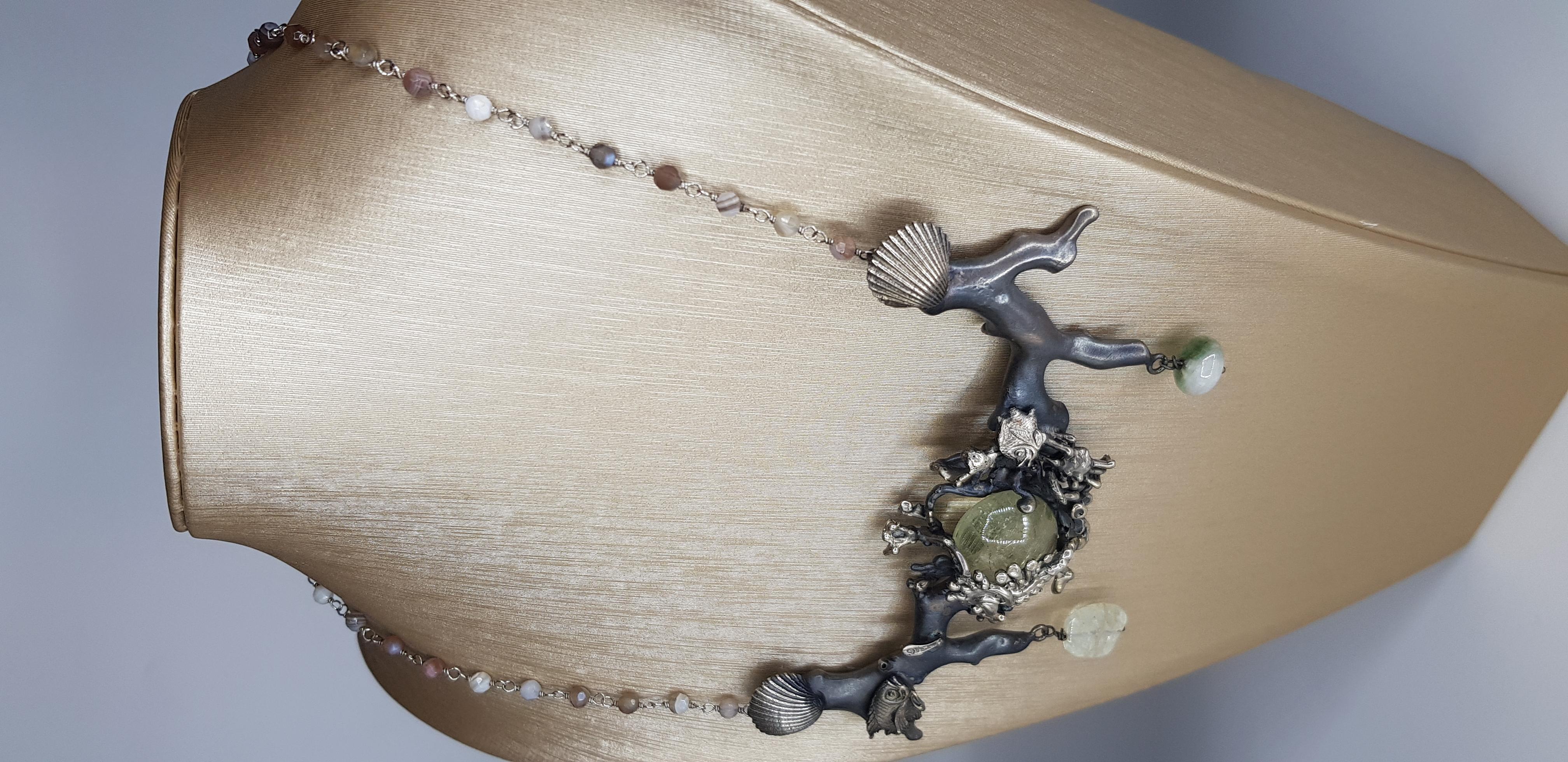 d'Avossa Silver Necklace with marine life theme such as corals, sea horse, crab, fish and shells all made in burnished silver with a central Green Aquamarine cabochon and Agatha chain