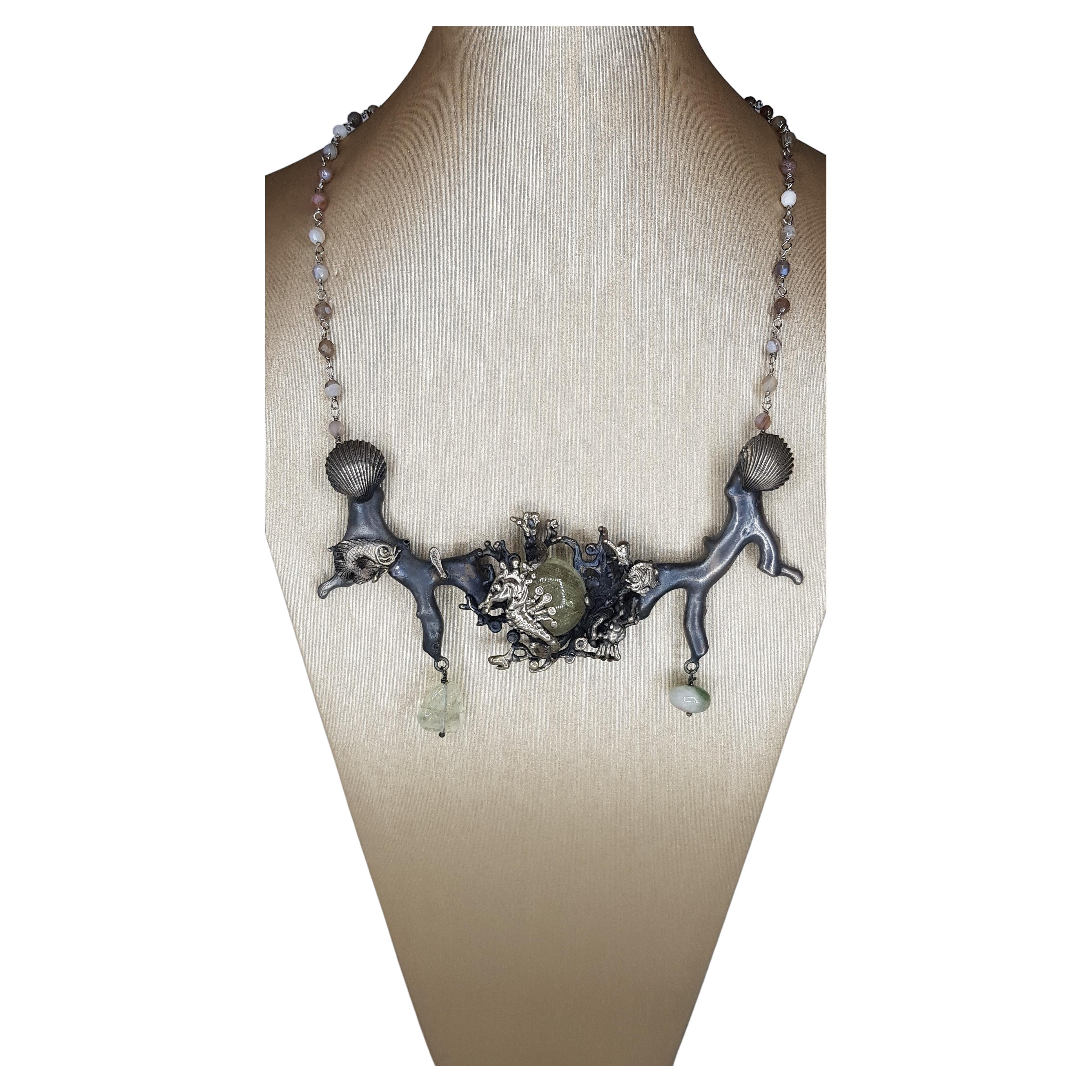 D'avossa Silver Necklace, Green Aquamarine Cabochon and Agatha Chain For Sale