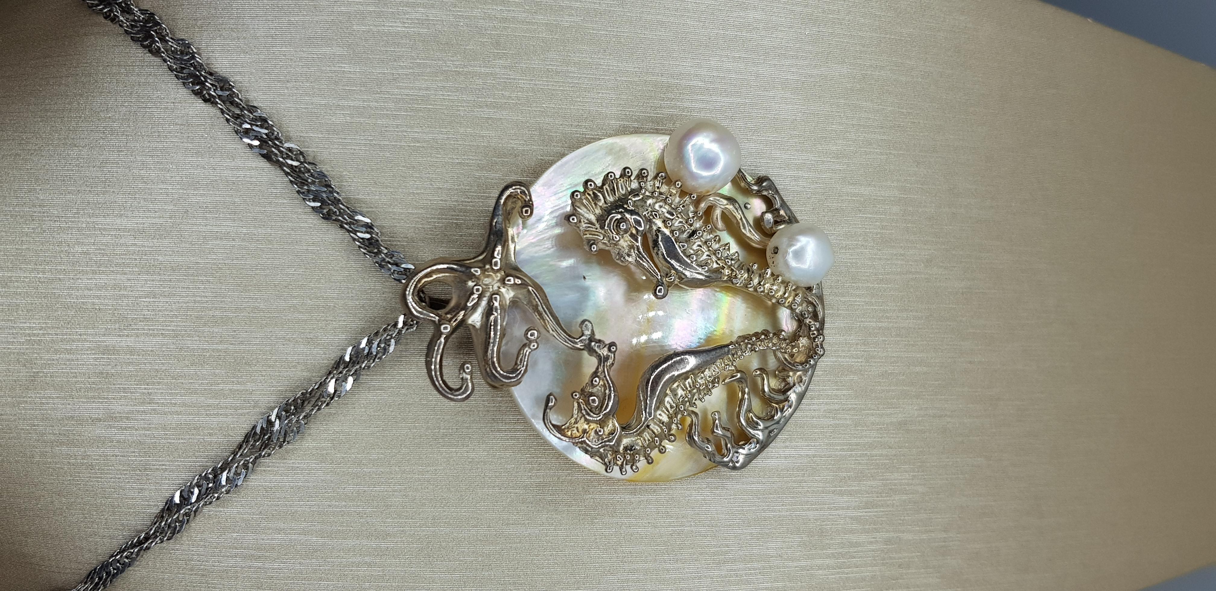 Round Cut d'Avossa Silver Pendant, Mother of Pearl and Pearls For Sale