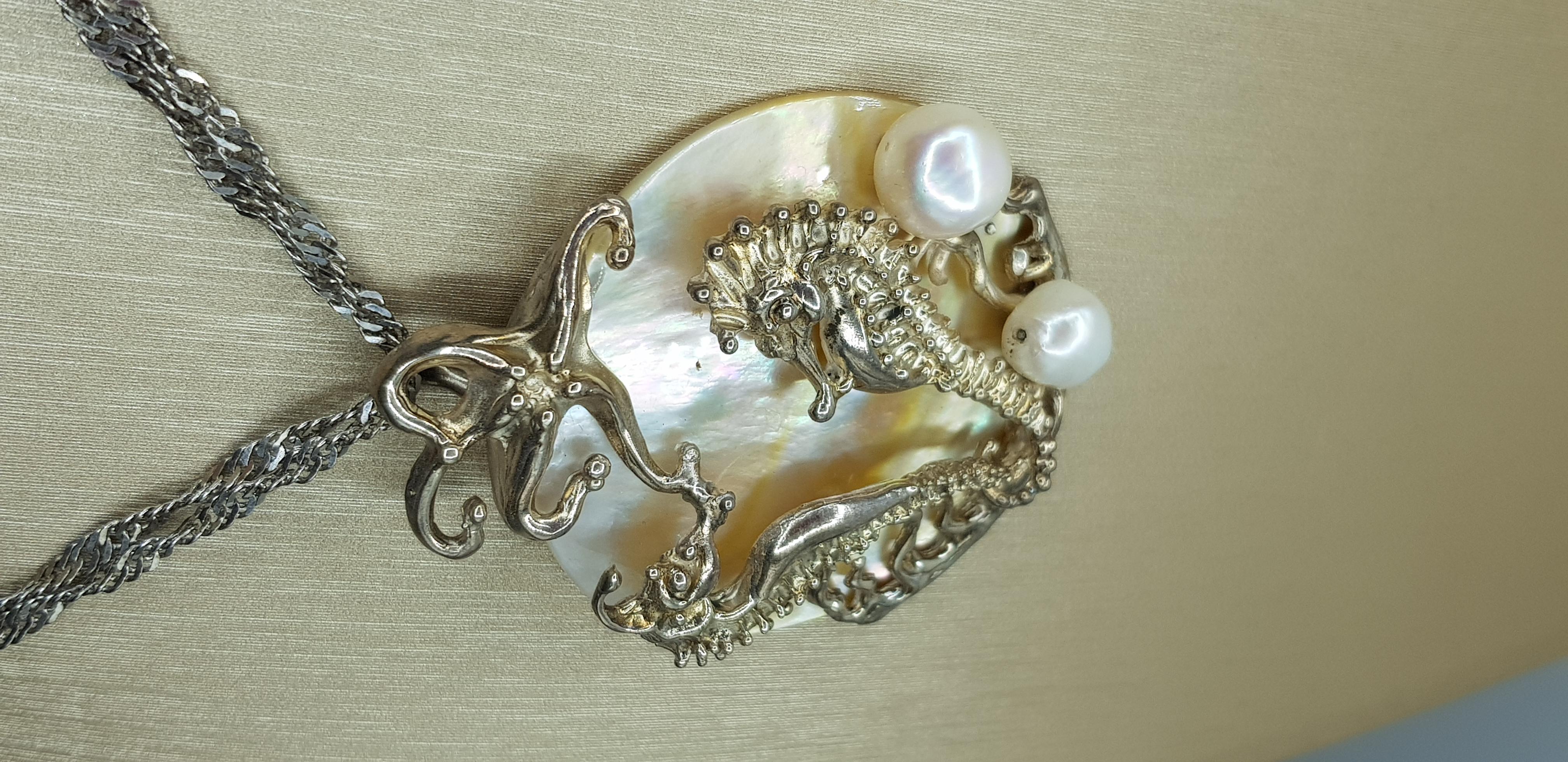 Women's or Men's d'Avossa Silver Pendant, Mother of Pearl and Pearls For Sale