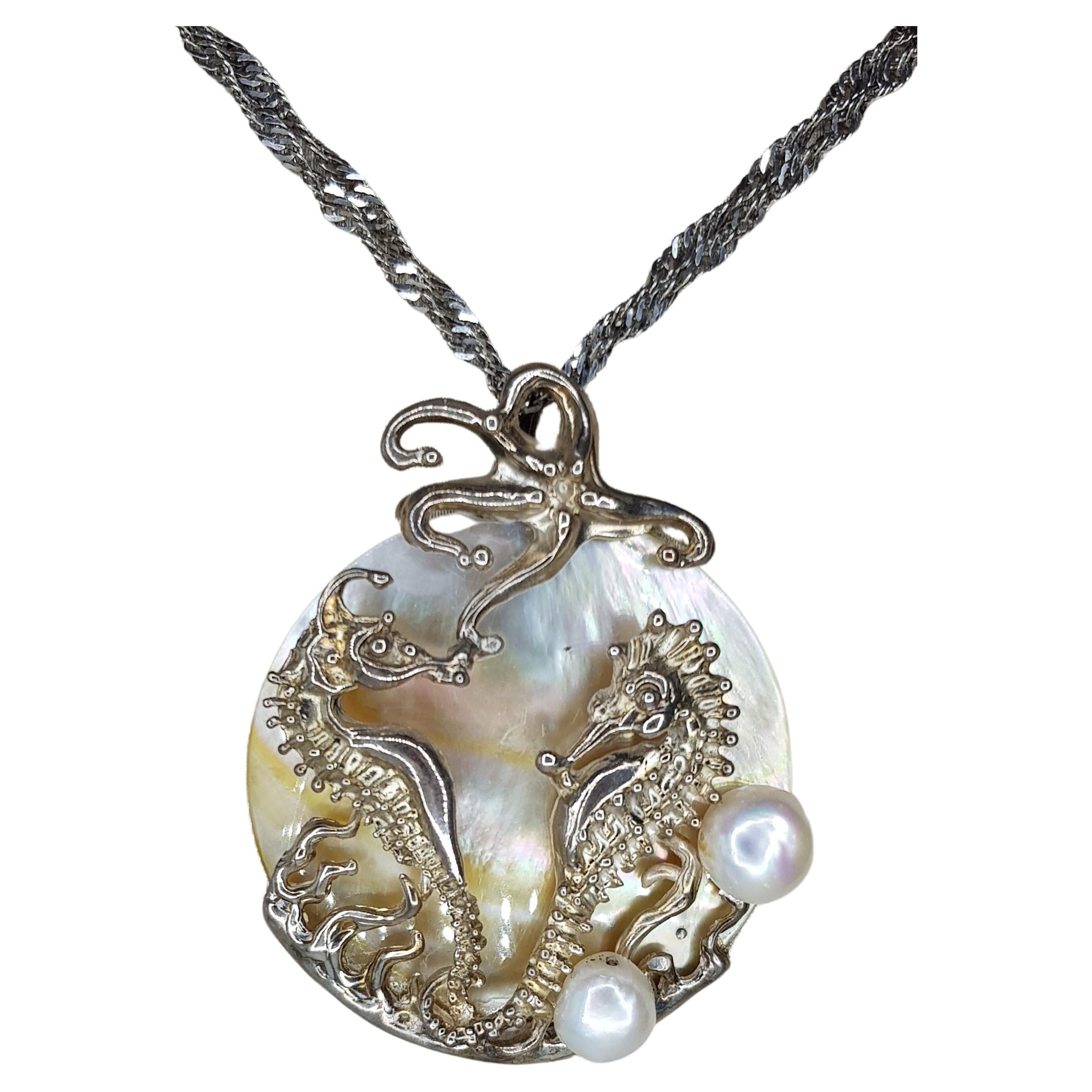 d'Avossa Silver Pendant, Mother of Pearl and Pearls For Sale