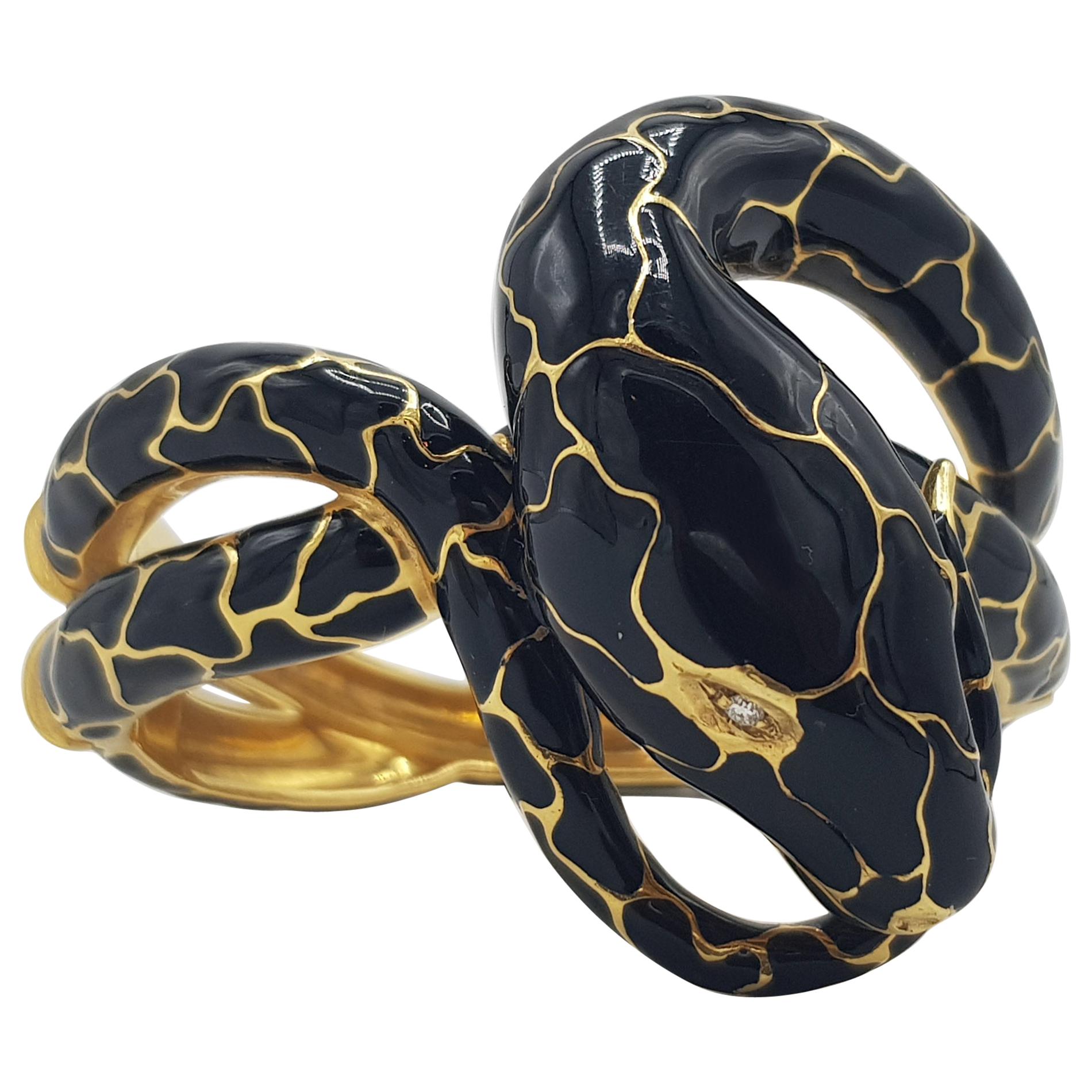 d'avossa Snake Bracelet, Yellow Gold and Black Enamel