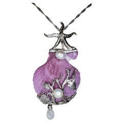 Lampe à suspension Étoile de mer d'Avossa en argent, perles d'eau douce, coquillage violet