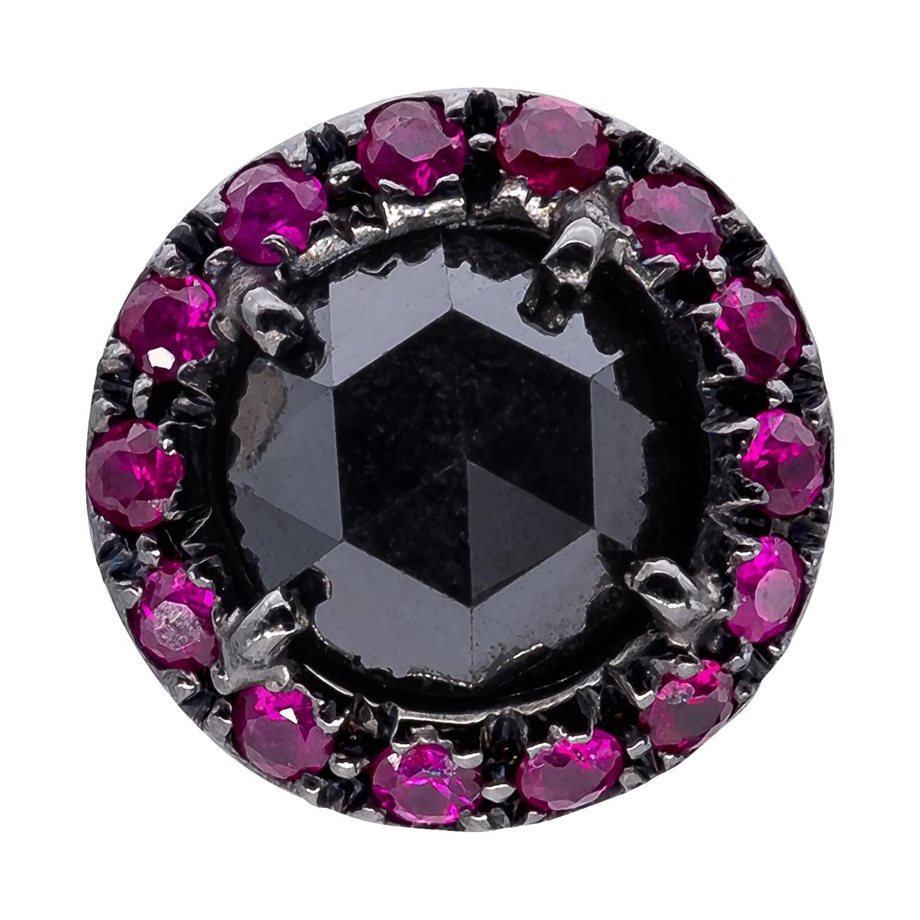 1.46 carats Round Briolé cut Black Diamond with Rubies d
Avossa Single Earring For Sale