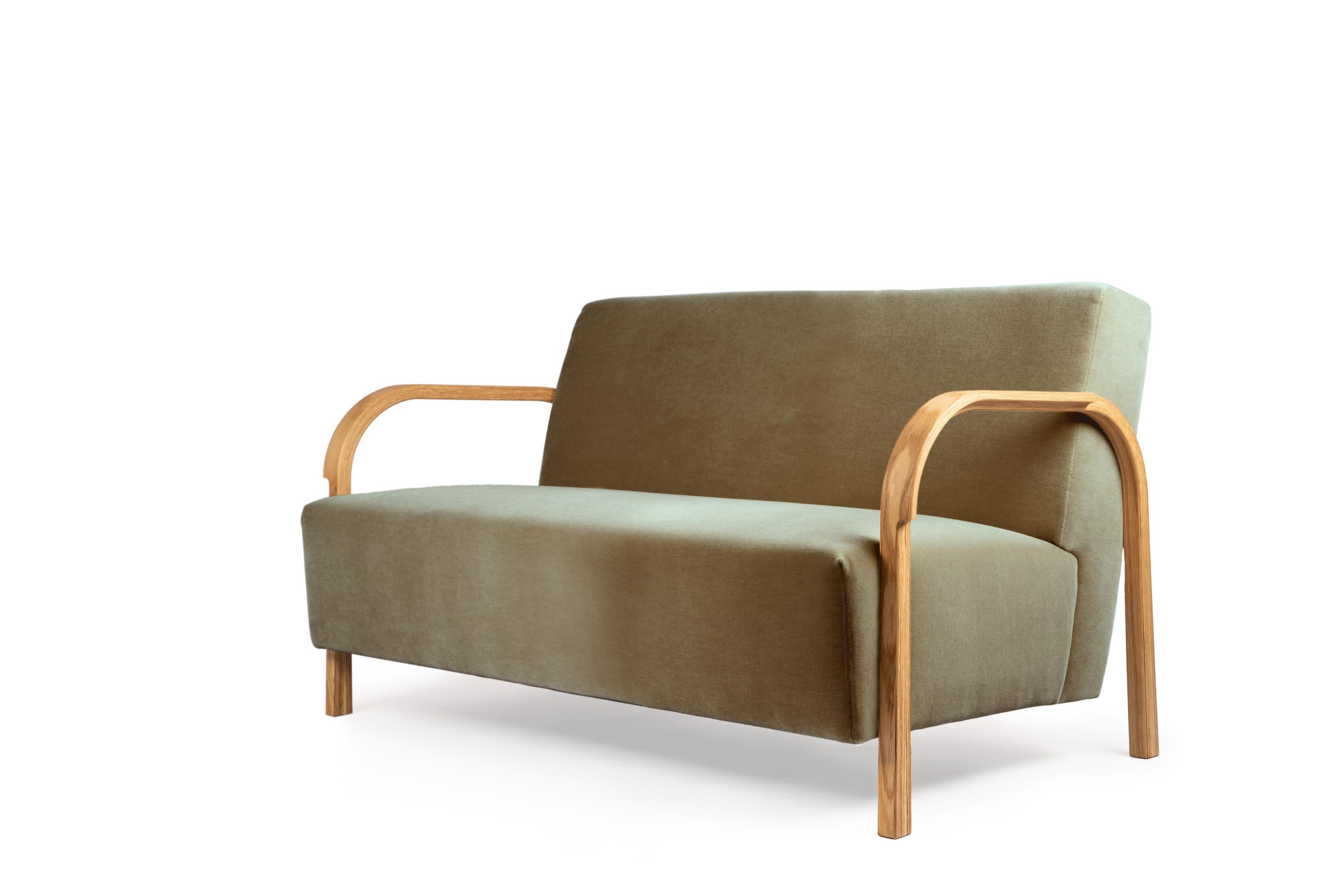 DAW/Mohair & Mcnutt ARCH 2 seater sofa by Mazo Design
Dimensions: W 128 x D 79 x H 76 cm
Materials: Oak, textile
Also available: 2 seater configuration, ROMO/Linara, DAW/Royal, KVADRAT/Remix, KVADRAT/Hallingdal & Fiord, BUTE/Storr, DEDAR/Linear,