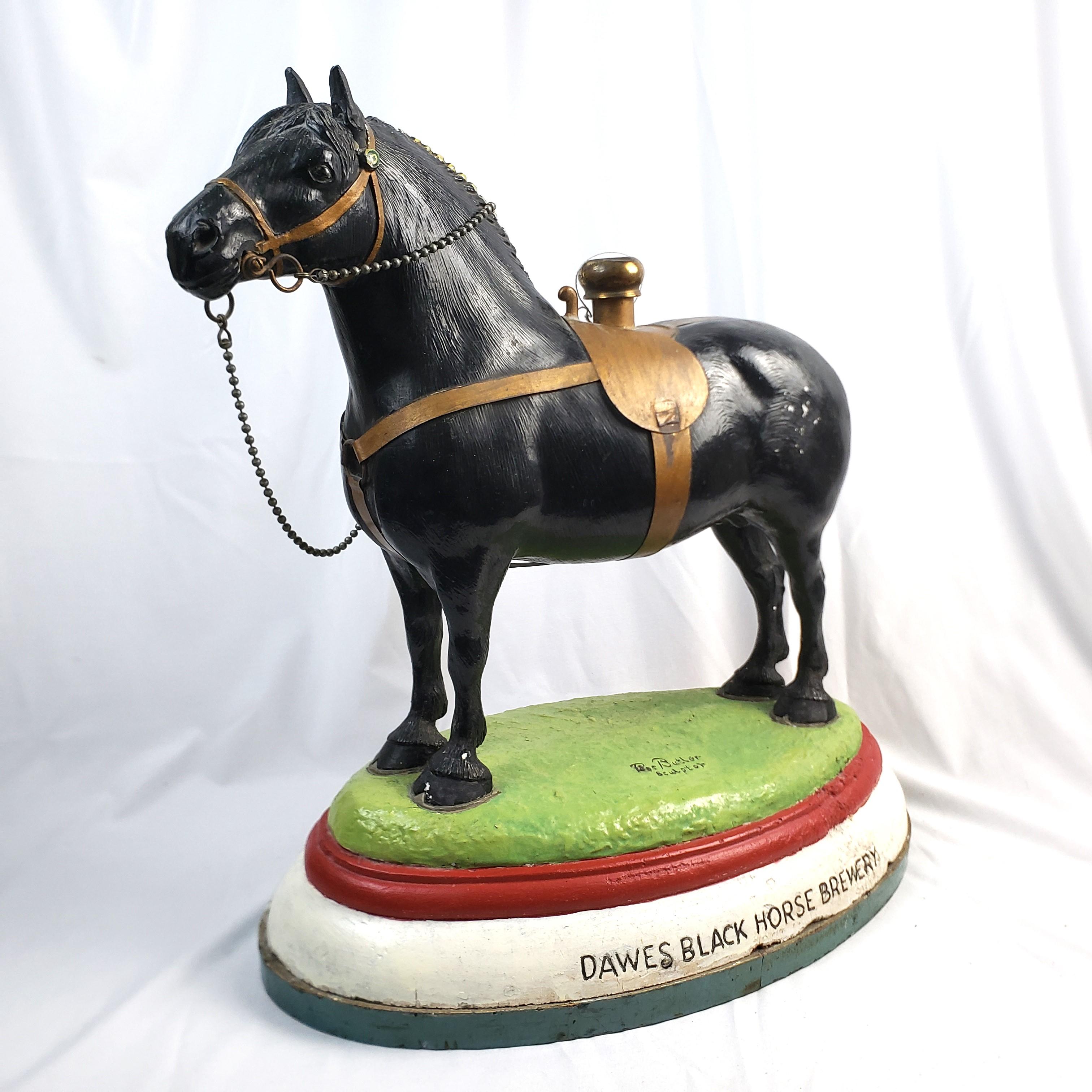 This large horse sculpture was done by Ross Butler to advertise and prooste Black Horse brand beer for Dawes Brewery of Montreal Canada. The detailed sculpture is done with a molded plaster or composite chalkware and cold painted. The sculpture