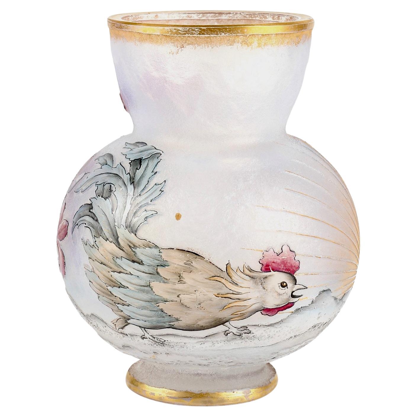 “Dawn and Rooster"  Daum Nancy Art Nouveau Glass Vase, circa 1897 For Sale