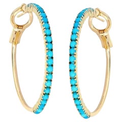 1.70ct Diamond & Turquoise 14K Yellow Gold Hoop Earrings